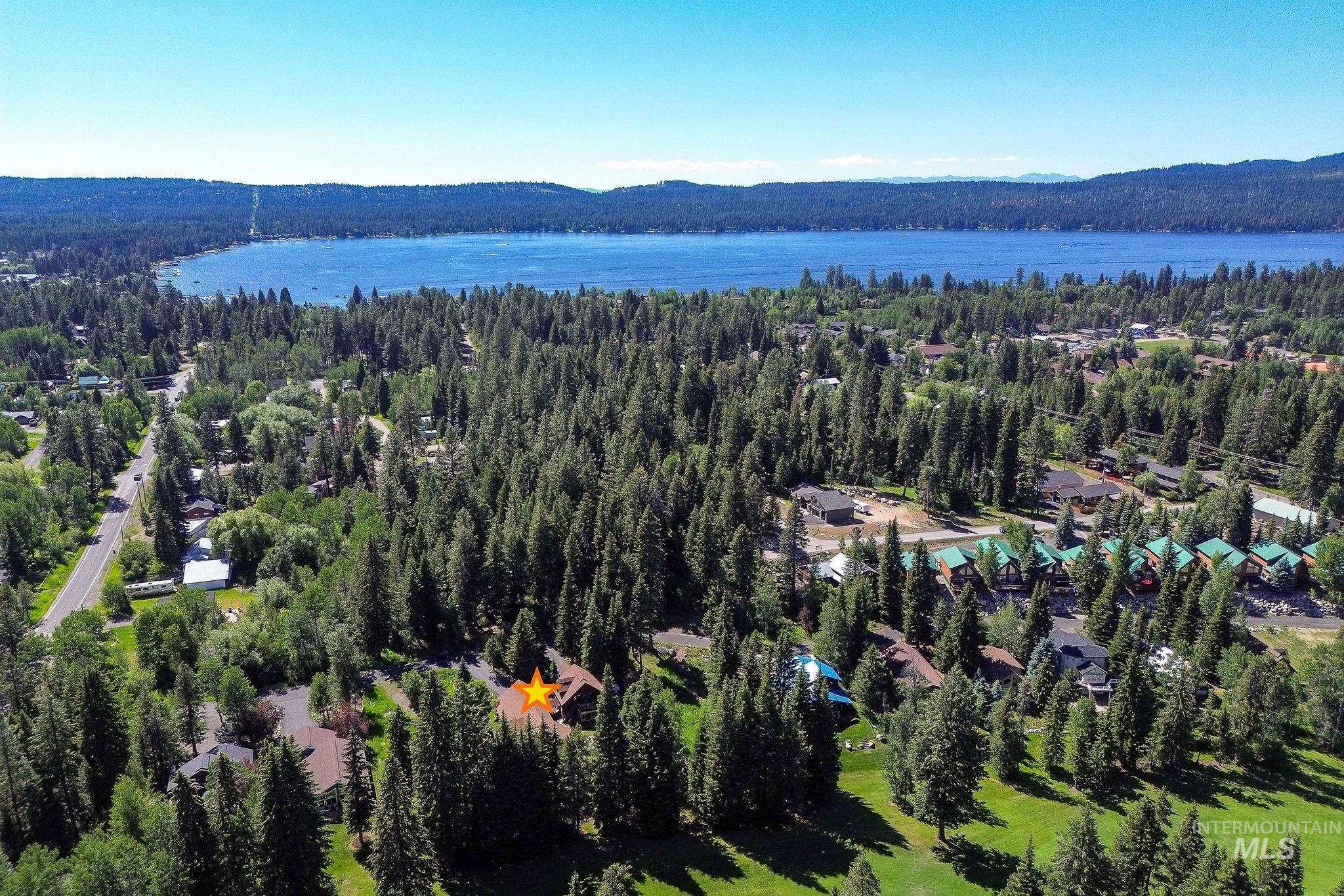 Aerial perspective showcasing a residential property nestled within a dense forest, surrounded by tall evergreen trees