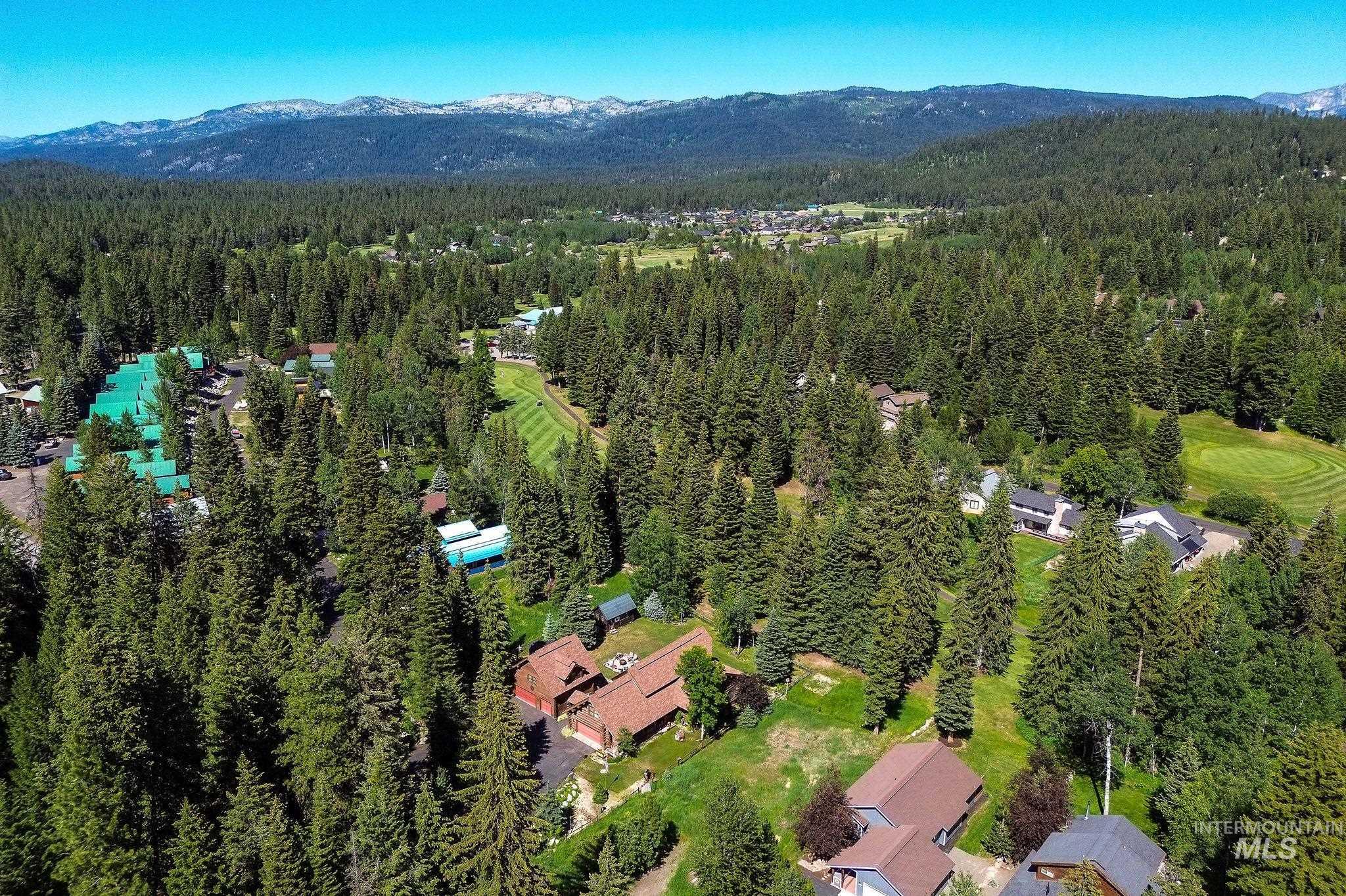 Expansive mountain landscape featuring dense evergreen forests and distant snow-capped peaks