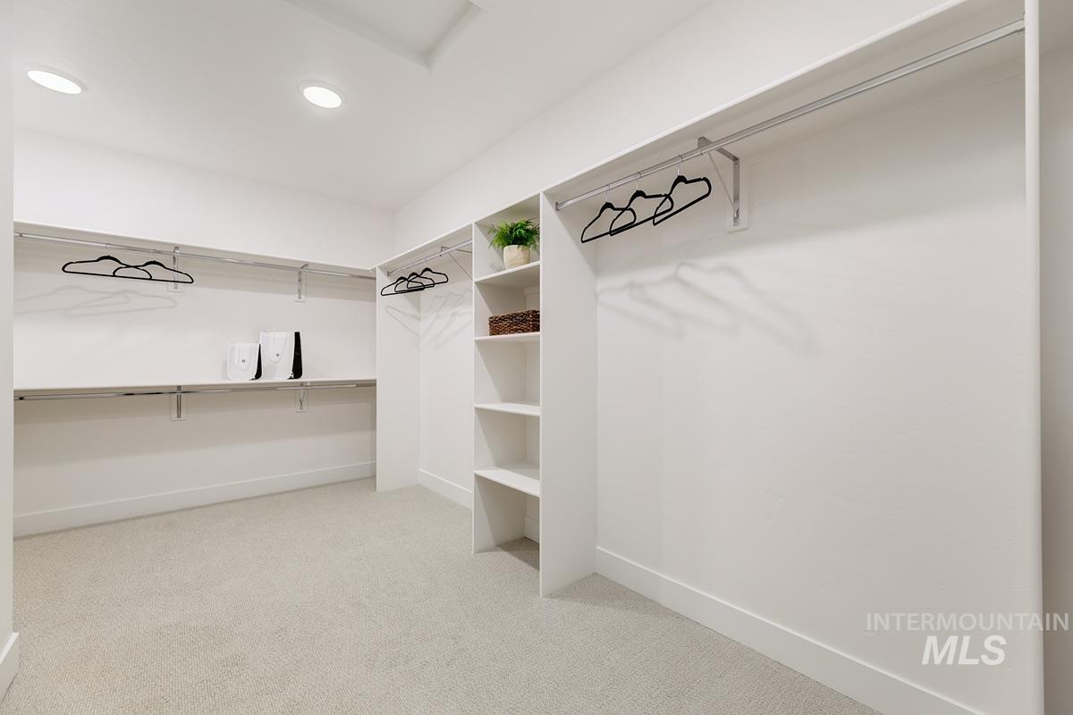 Spacious closet with light colored carpet