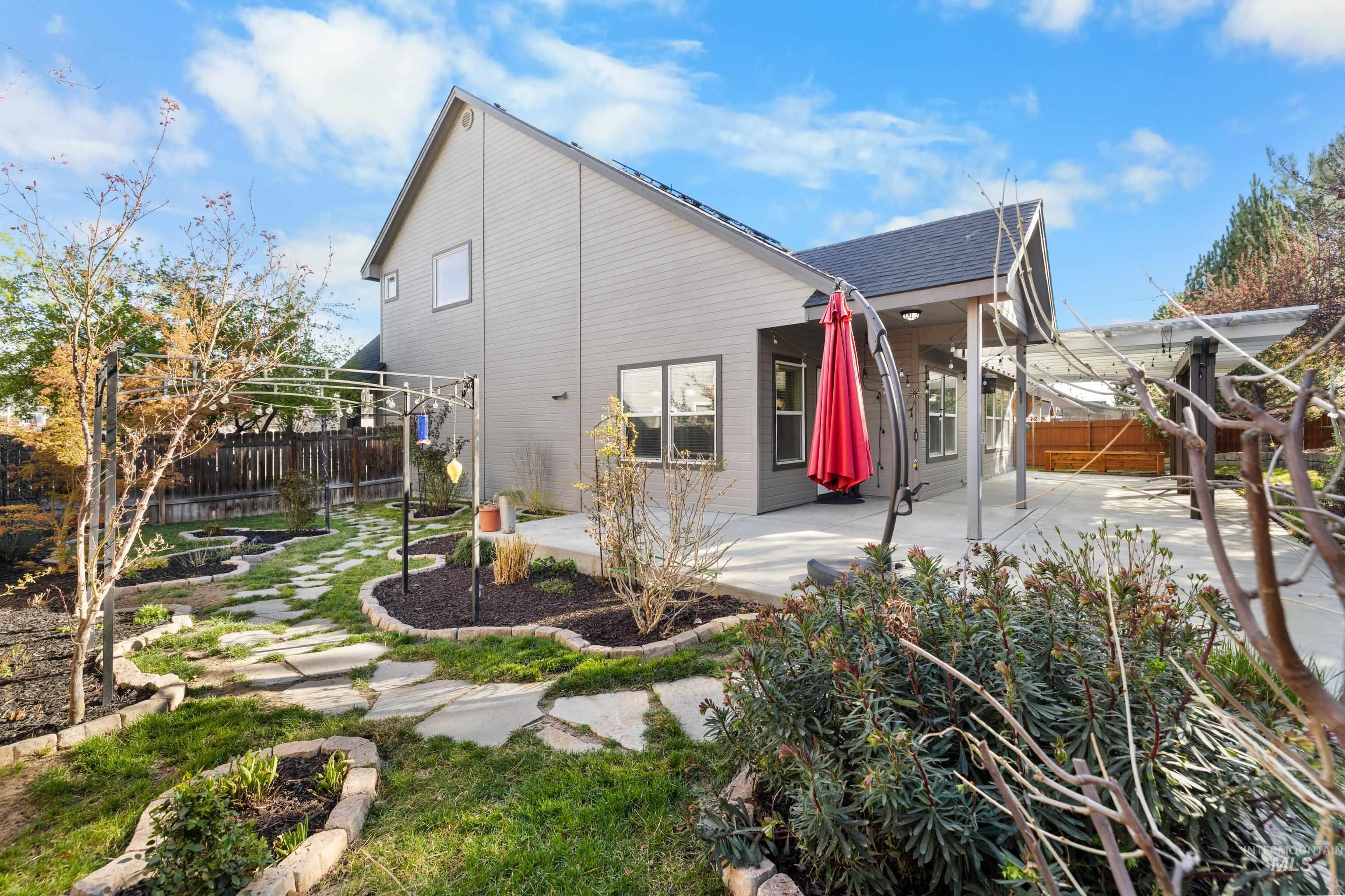 Back of house featuring a fenced backyard, a patio, and roof with shingles