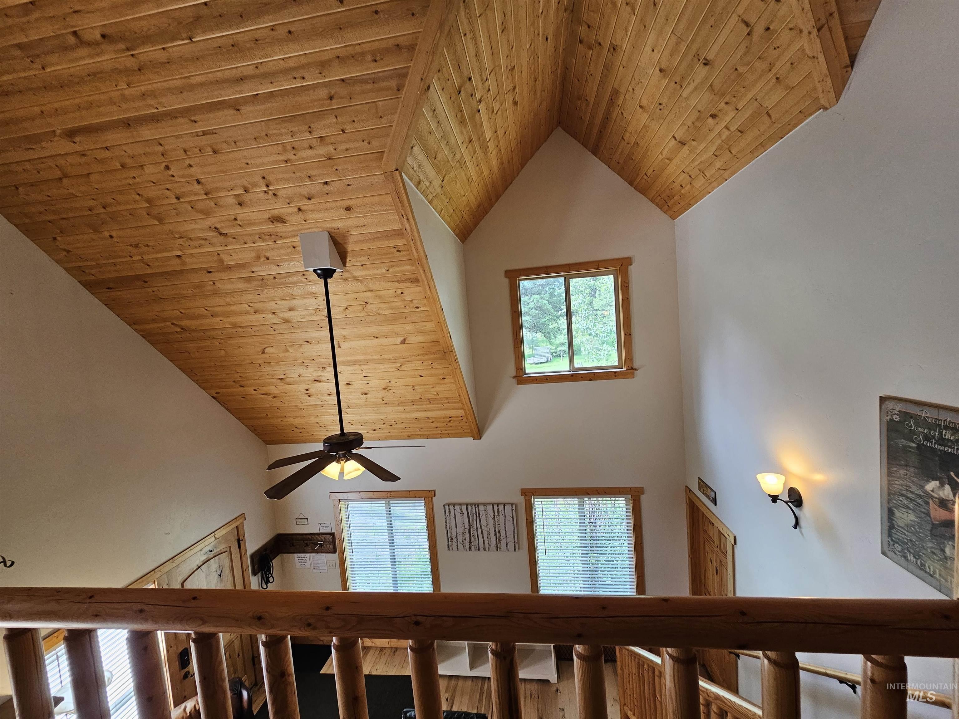 Detailed view of wooden ceiling and ceiling fan