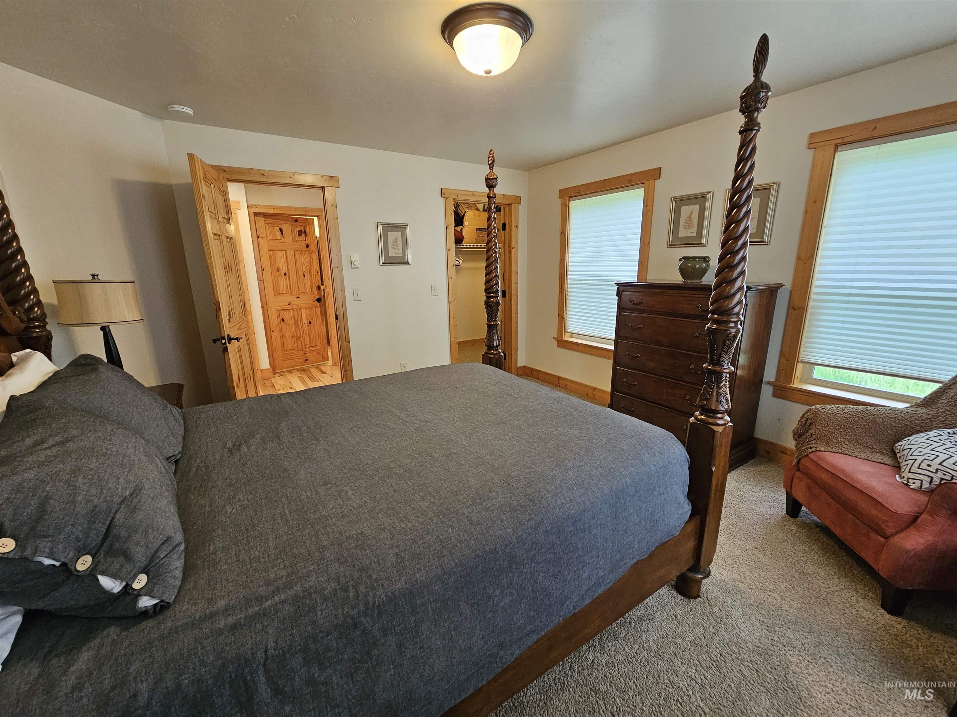 Carpeted bedroom featuring a spacious closet and baseboards