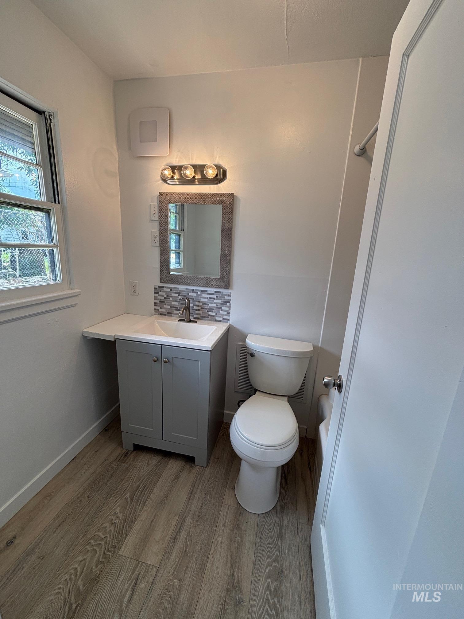 Bathroom featuring wood finished floors, decorative backsplash, vanity, and a bath