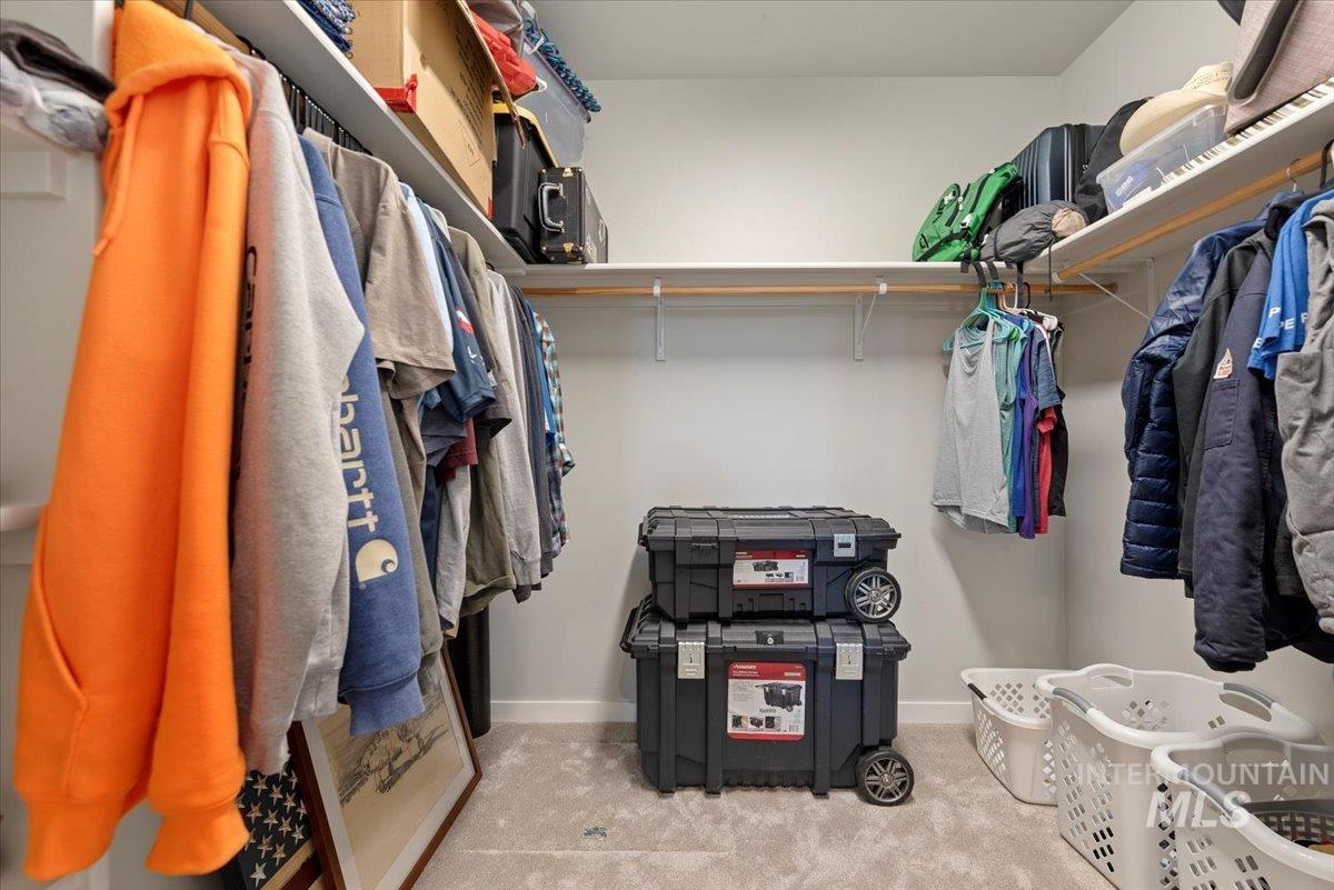 Spacious closet with light carpet