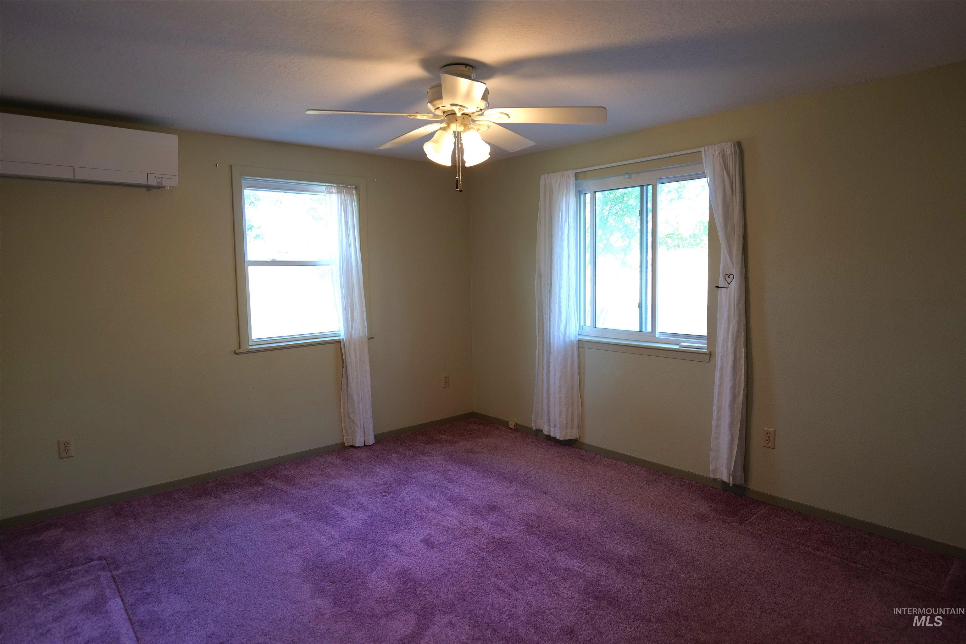 Room featuring wall-to-wall carpeting, dual windows, and a ceiling fan