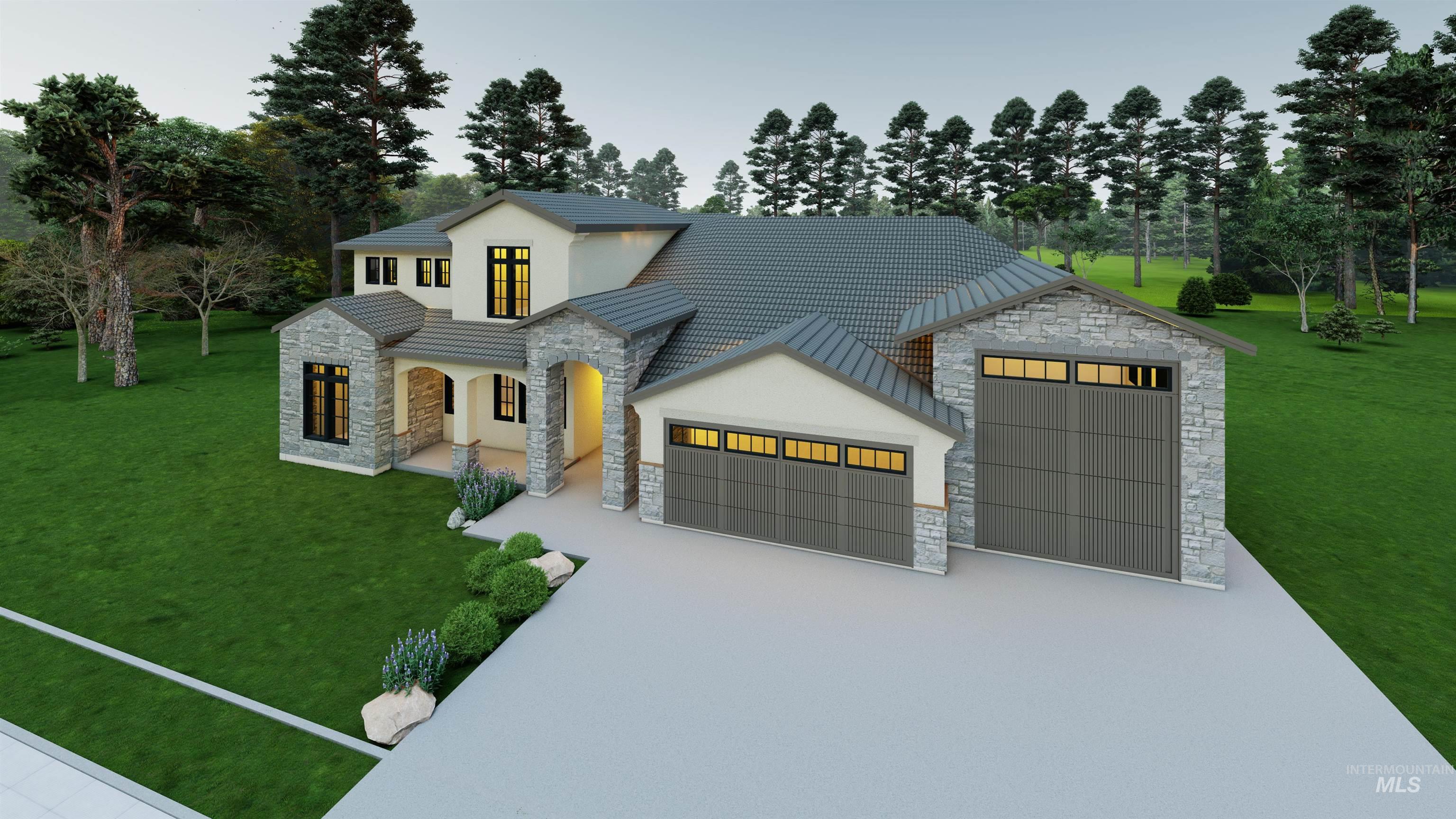 View of front of house with stone siding, a front lawn, view of scattered trees, driveway, and an attached garage