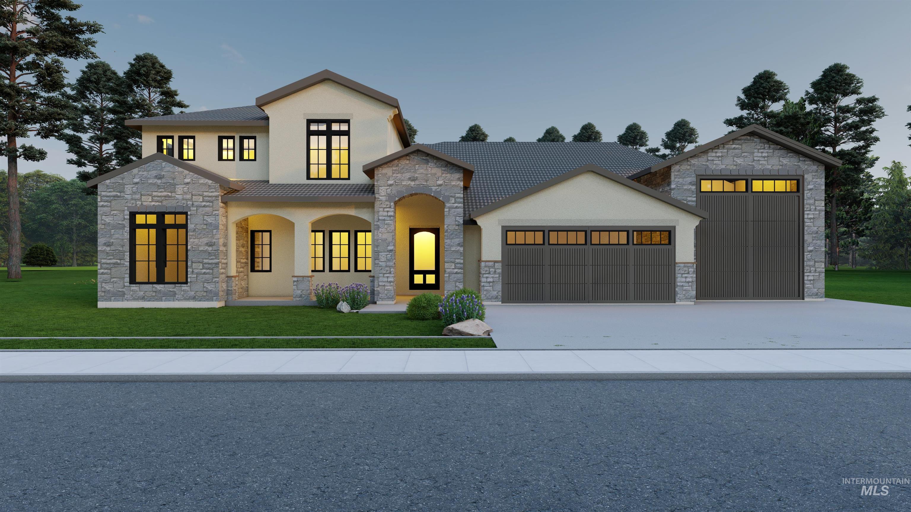 View of front of house featuring stone siding, stucco siding, a yard, and a garage