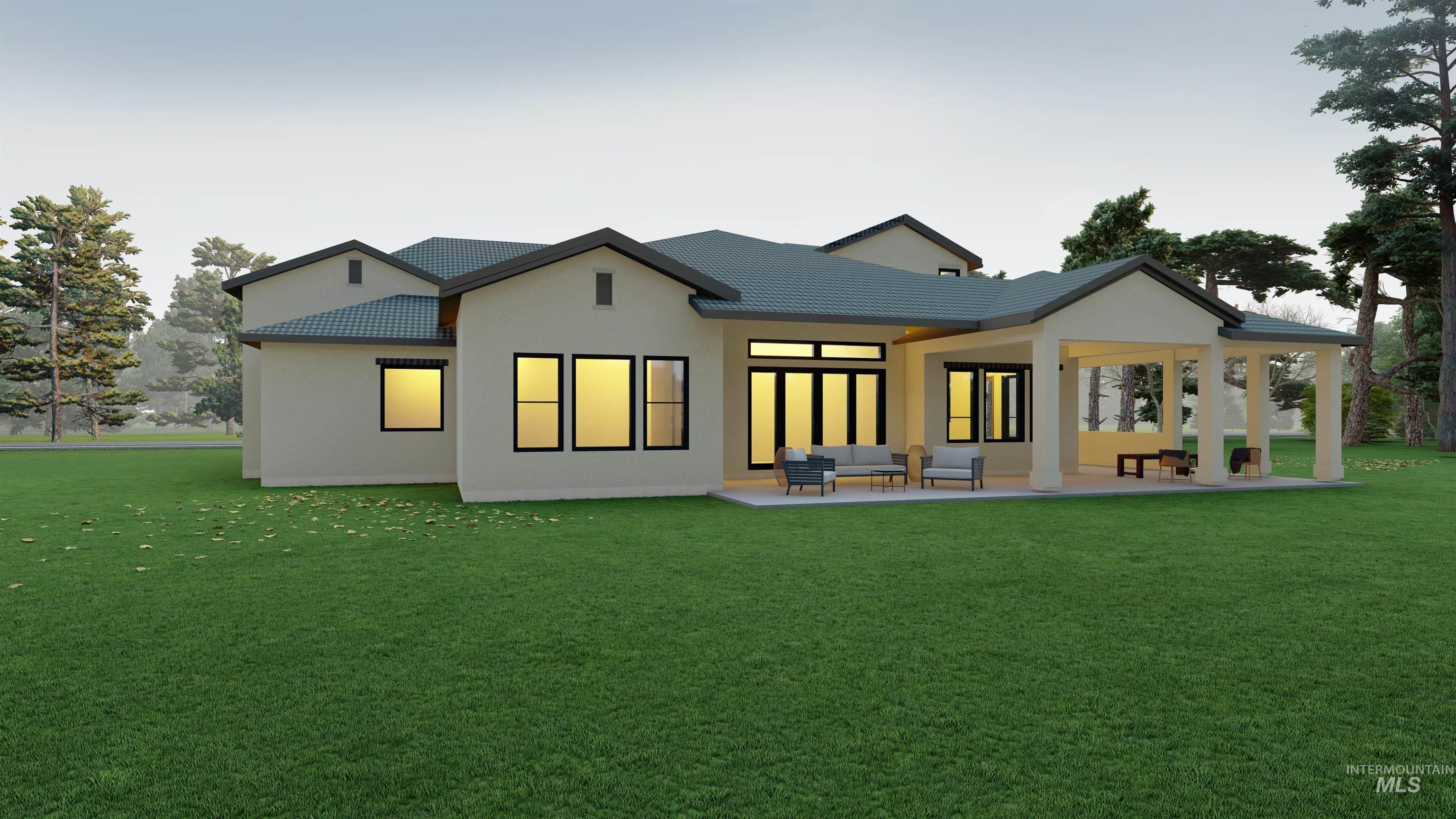Rear view of house featuring an outdoor living space, a yard, a patio, and a tiled roof