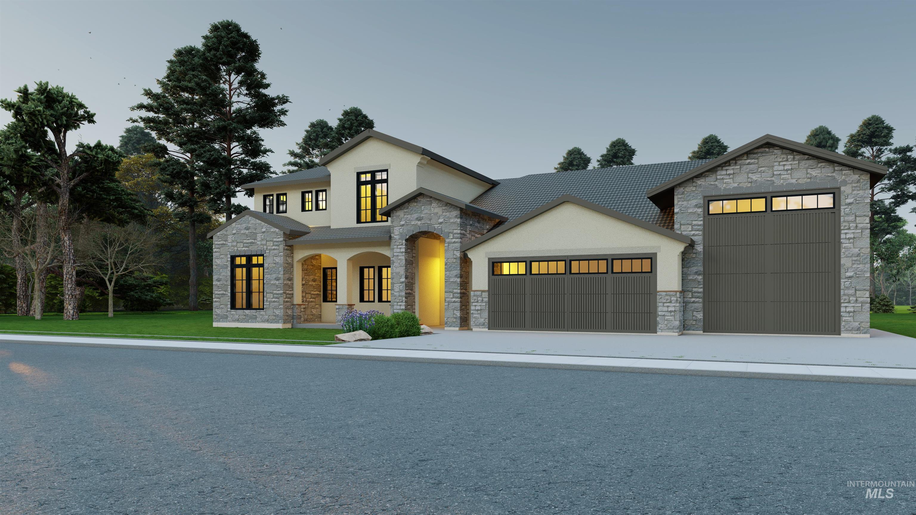 View of front of property with stone siding, an attached garage, stucco siding, and driveway
