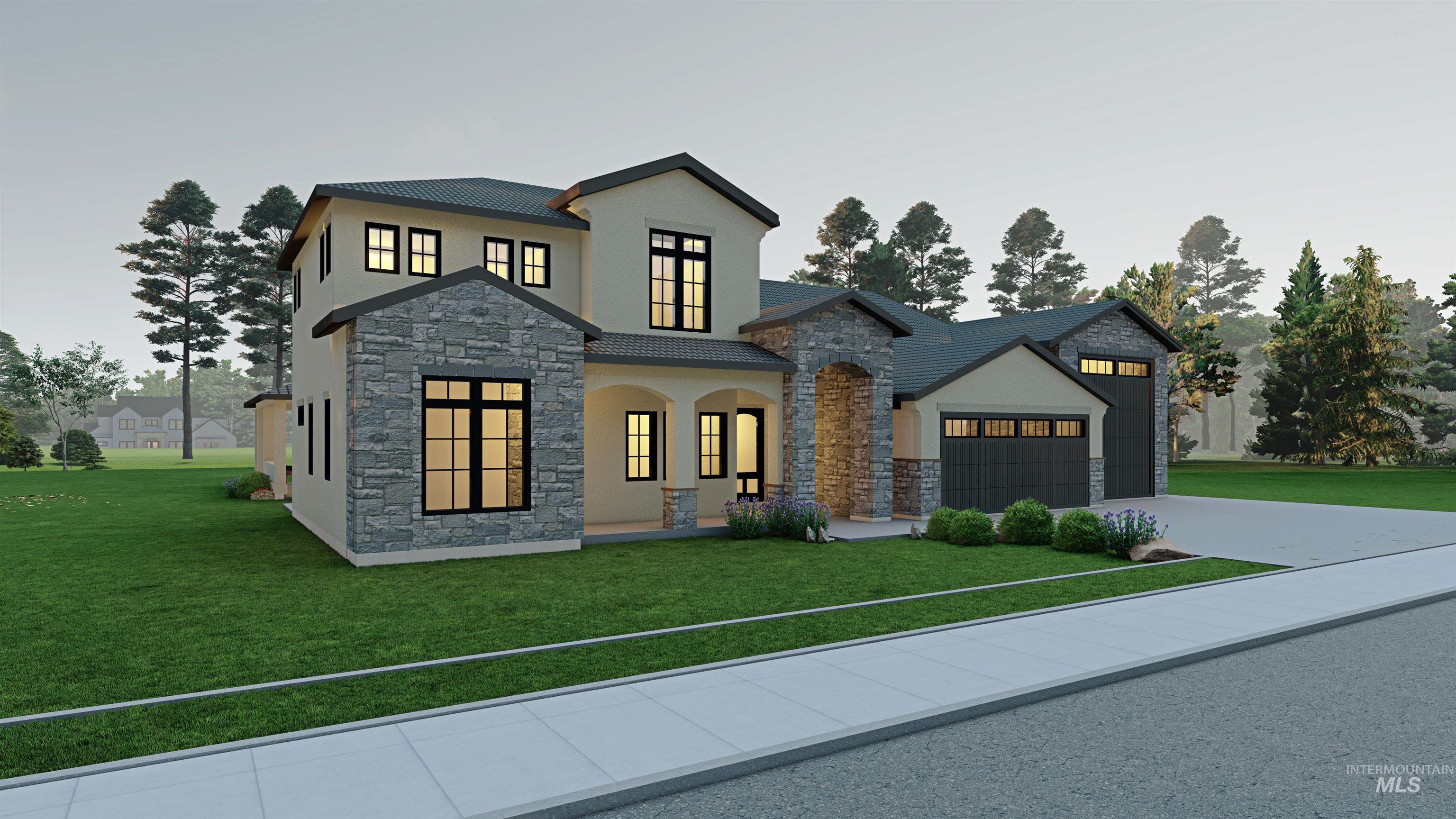 View of front of home featuring stone siding, stucco siding, driveway, and a garage