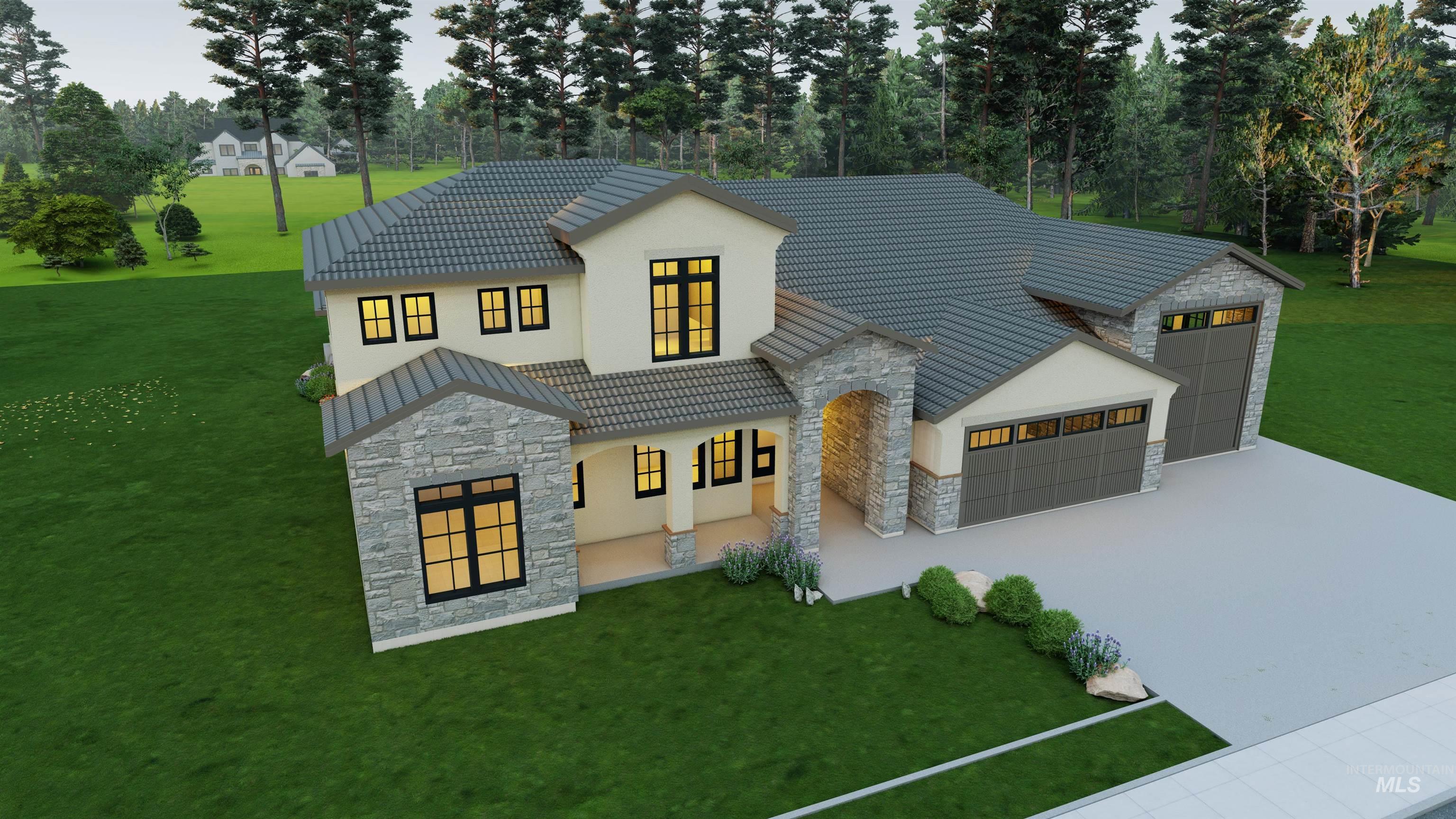 View of front of property featuring stone siding, concrete driveway, and a front yard