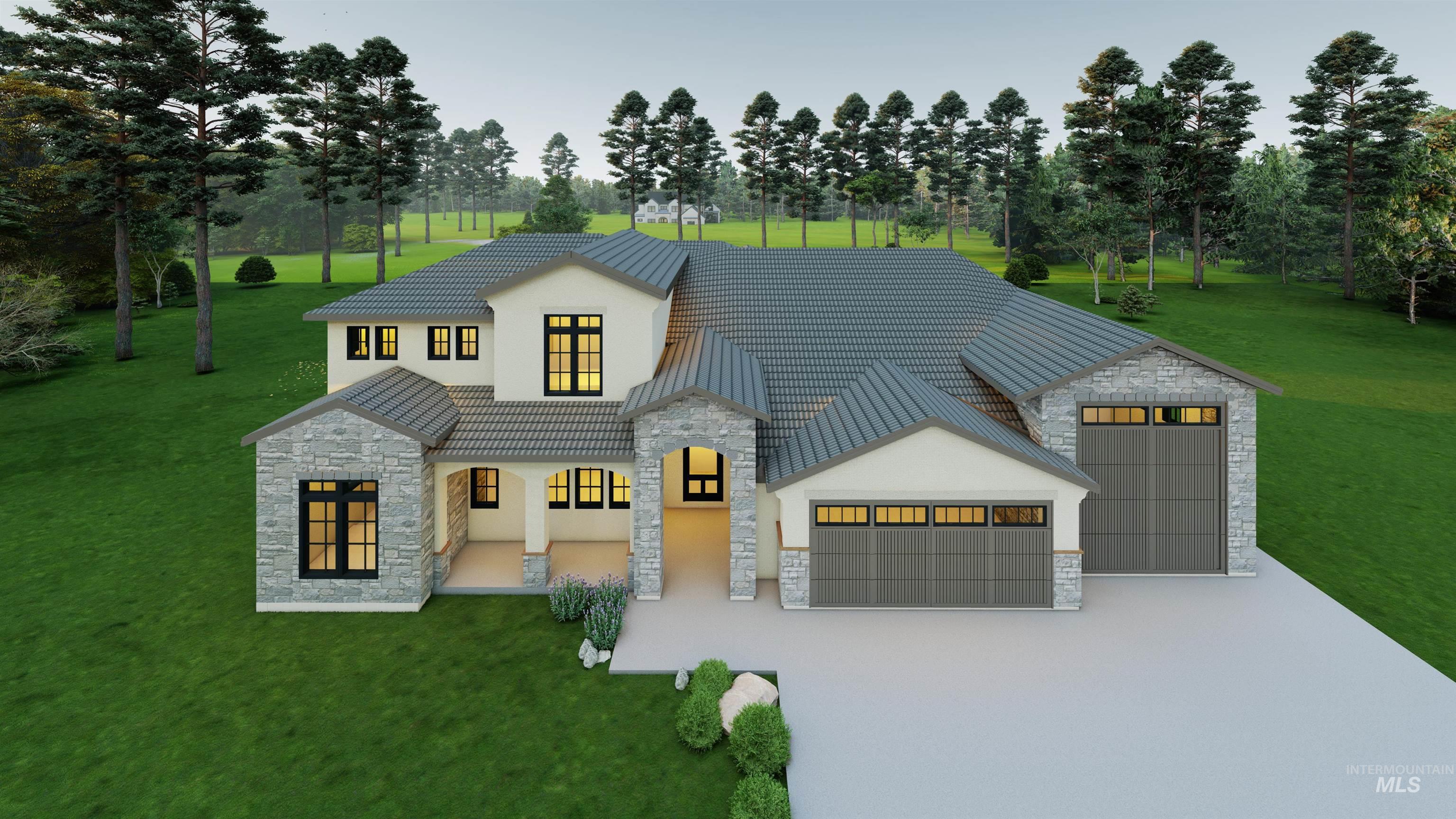 View of front facade with stone siding, concrete driveway, a front lawn, and view of scattered trees