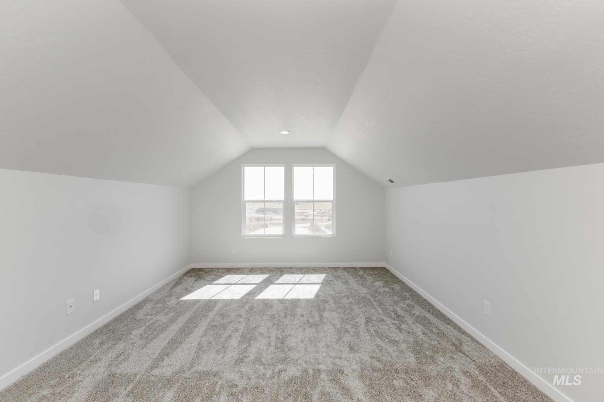 Additional living space with light colored carpet and lofted ceiling