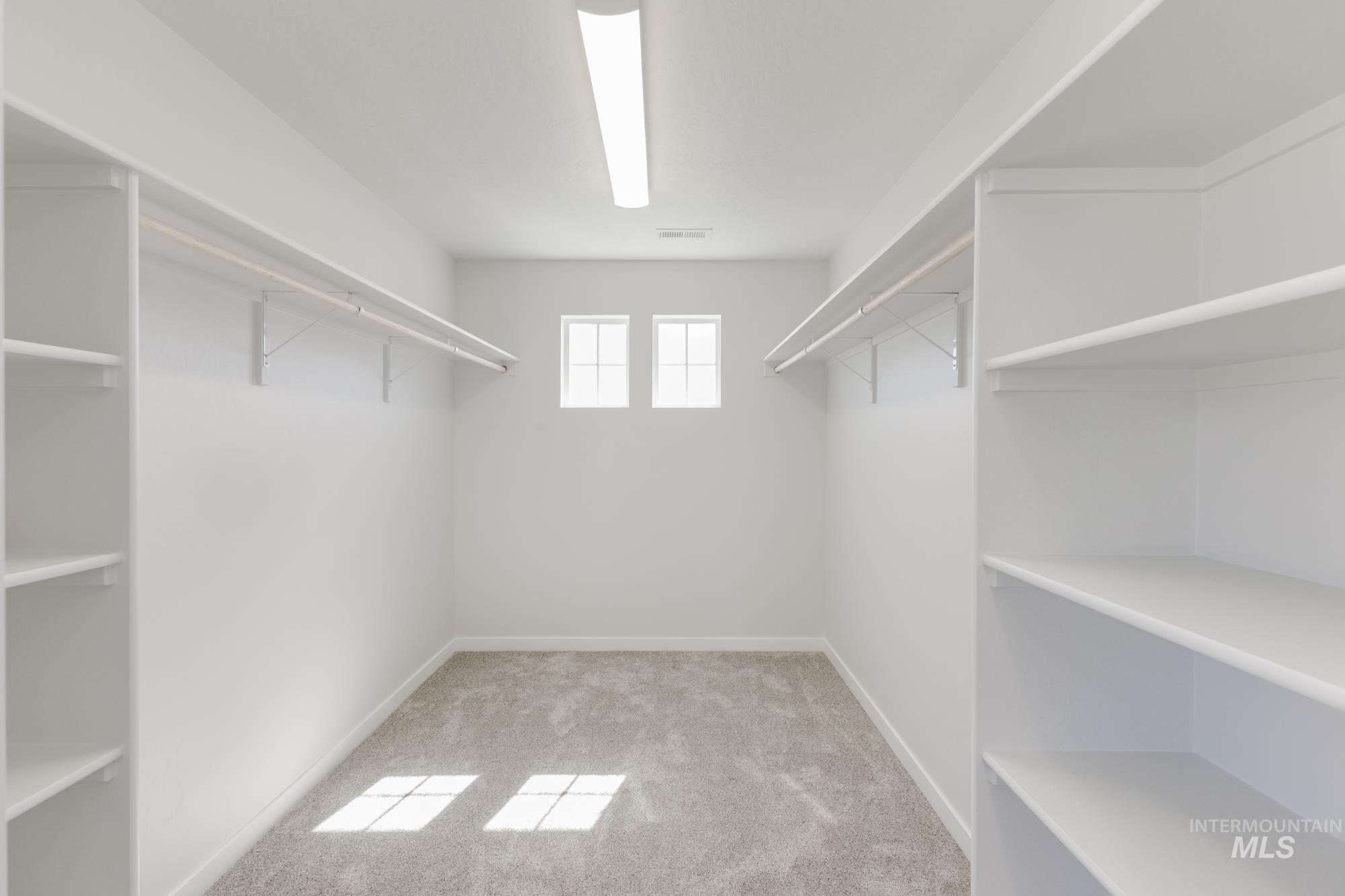 Walk in closet featuring light carpet