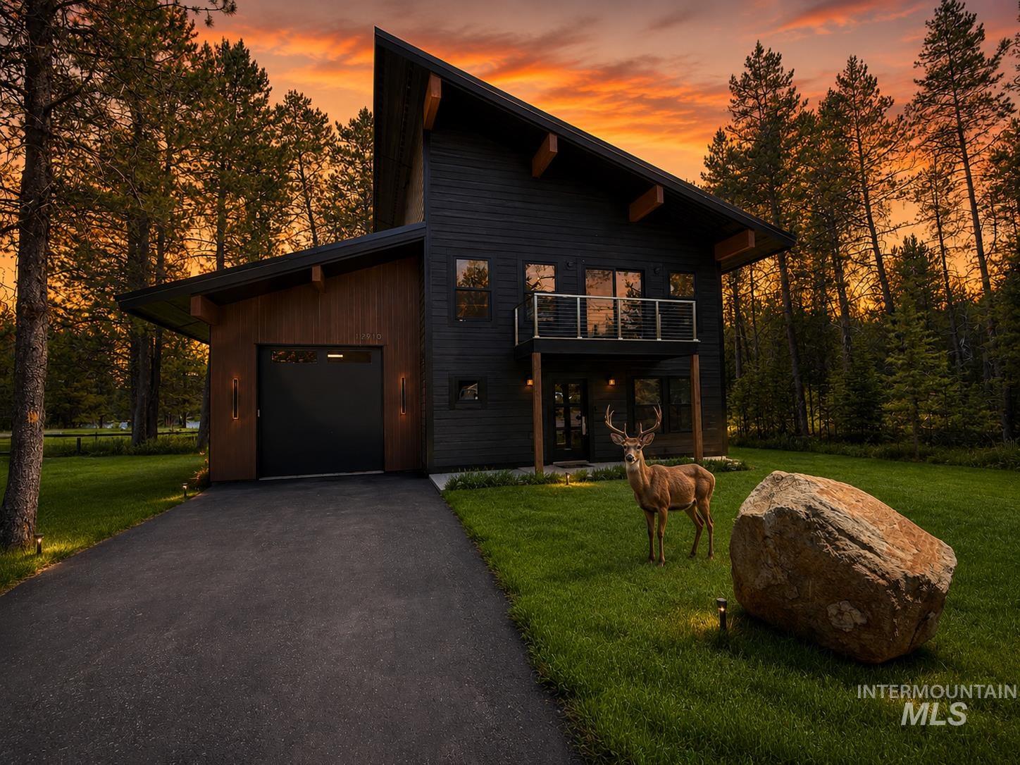 Modern architectural residence featuring black siding and wood-finish accents