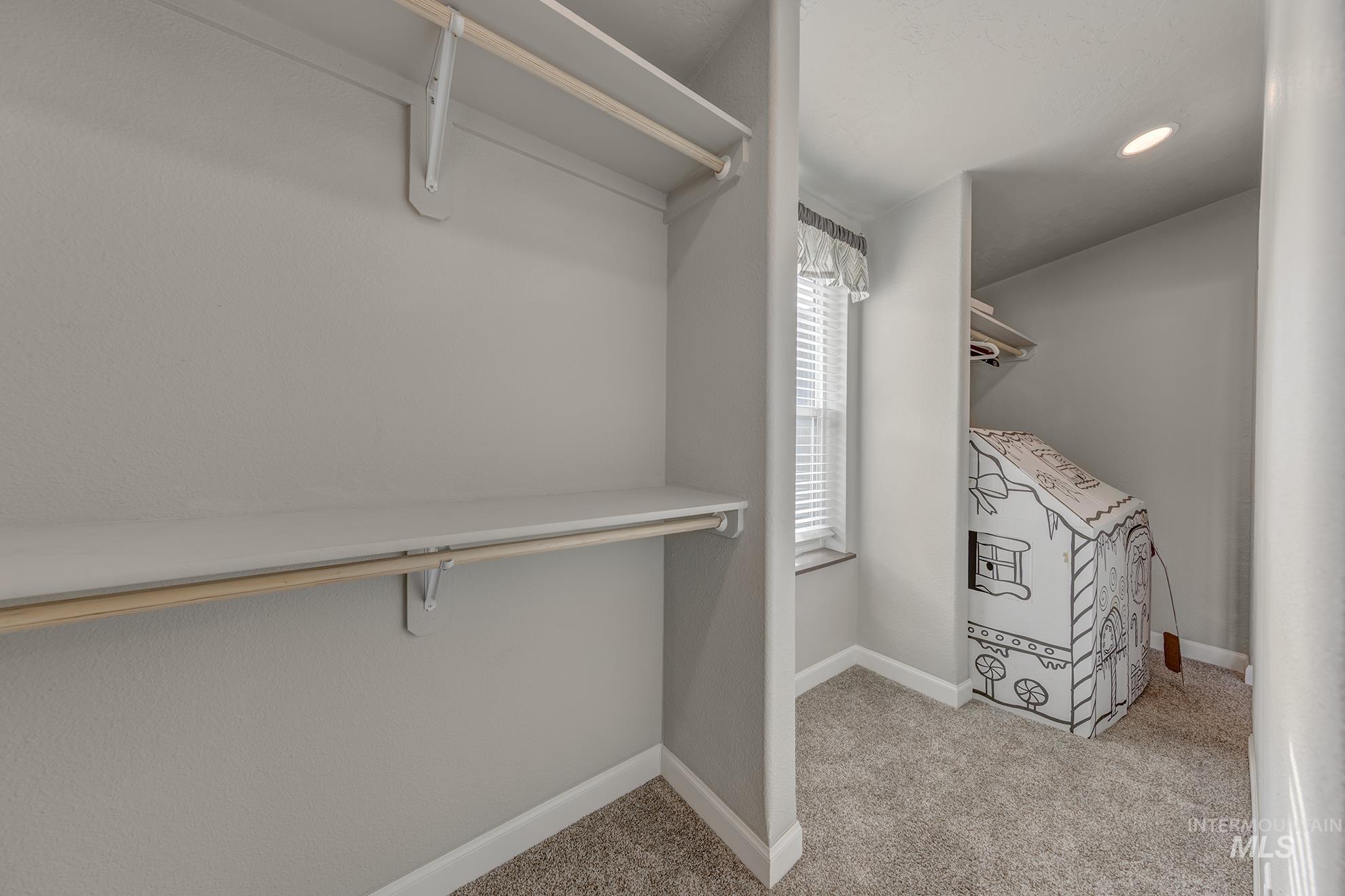 Spacious closet featuring light colored carpet