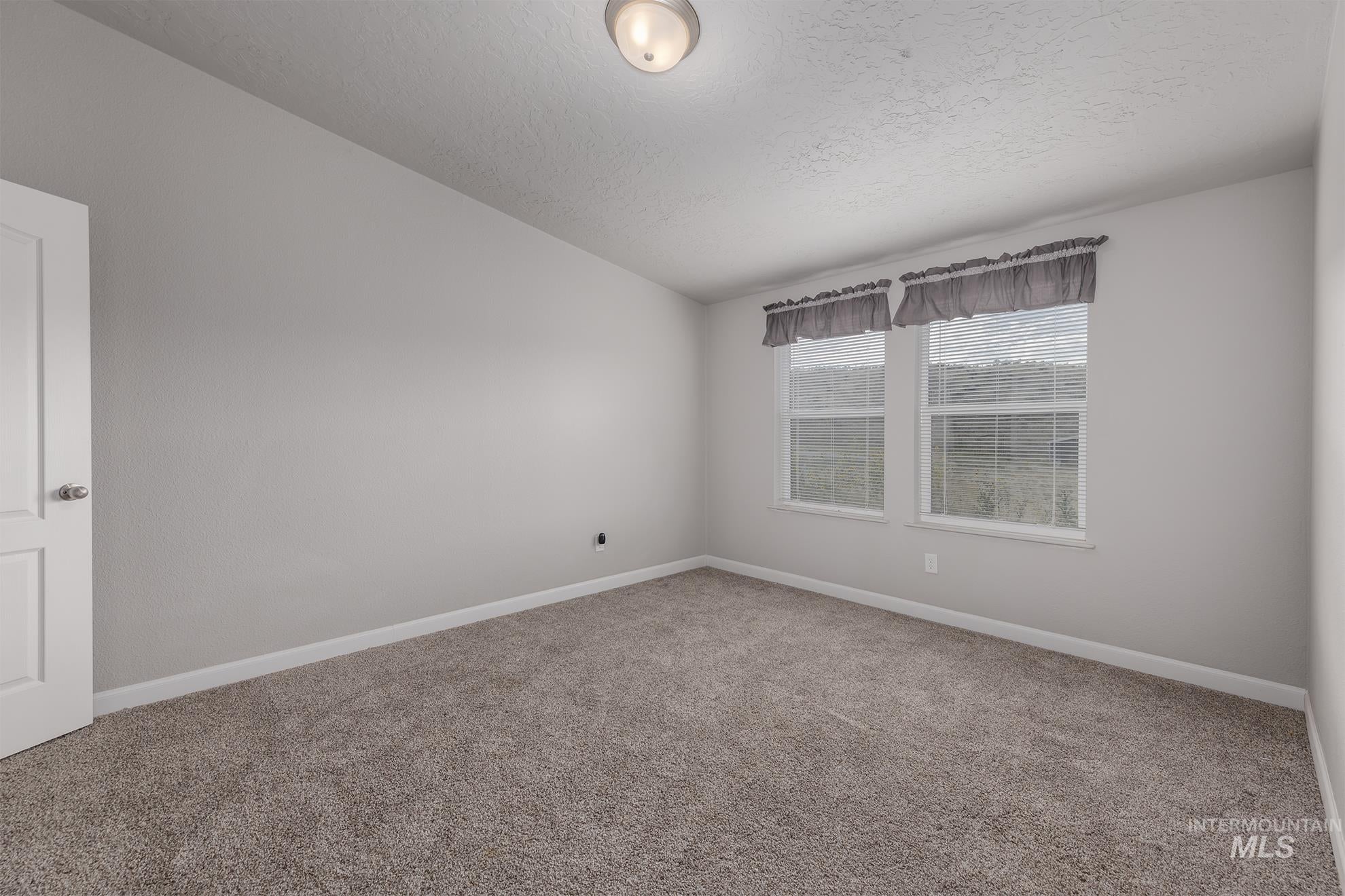 Unfurnished room with carpet, a textured ceiling, and vaulted ceiling