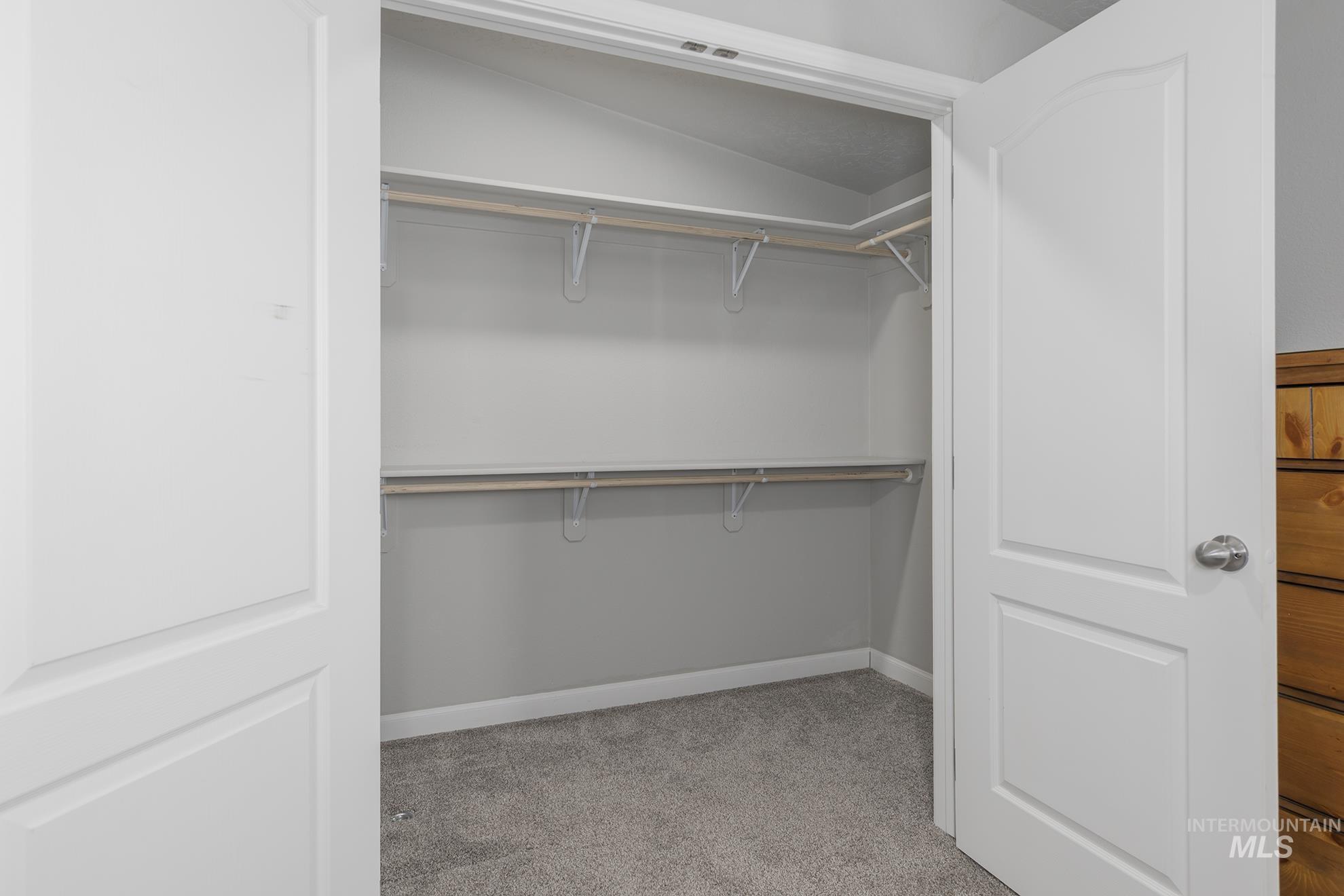 Walk in closet featuring light carpet and lofted ceiling