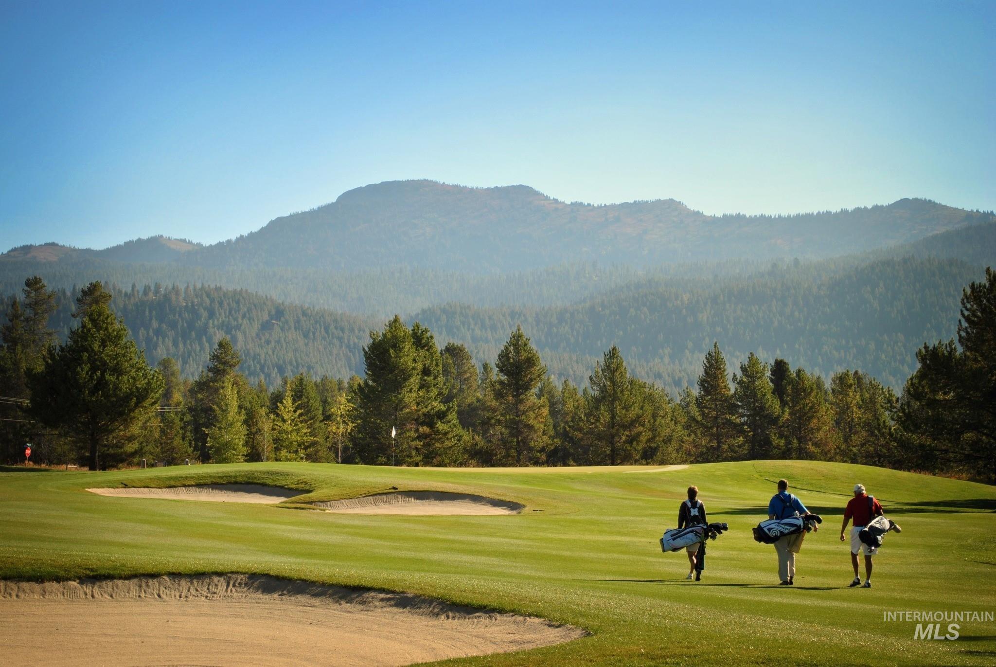 View of community with a view of trees, view of golf course, and a mountain view