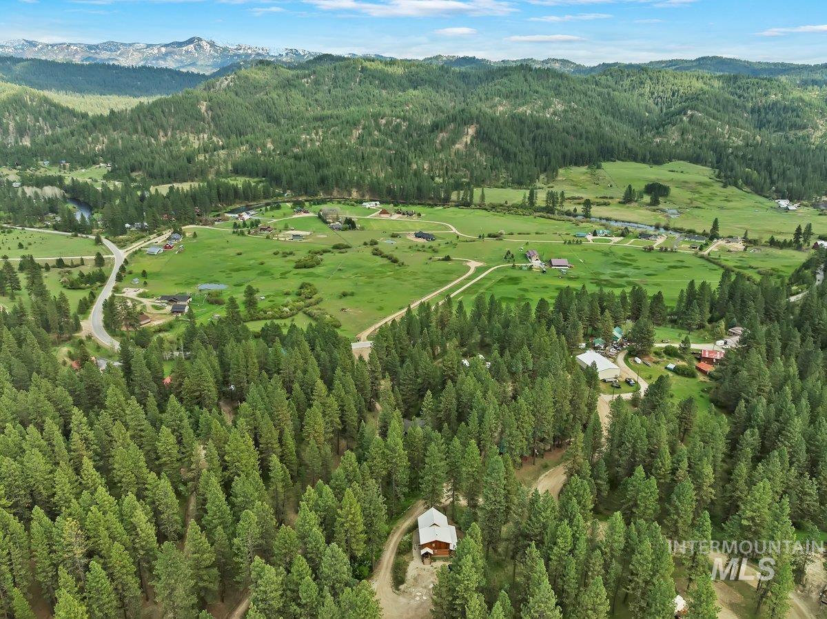 Aerial overview of property's location with a heavily wooded area and a mountainous background