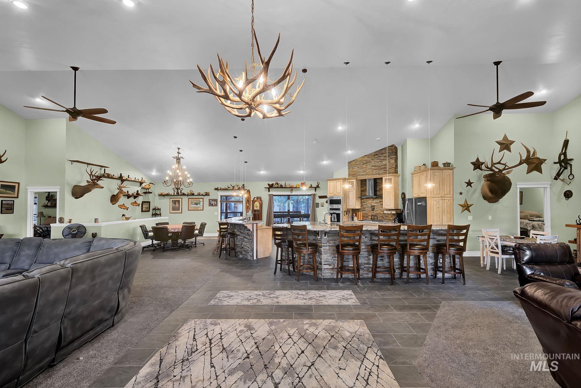 View from front door into the main living area with two sided breakfast bar