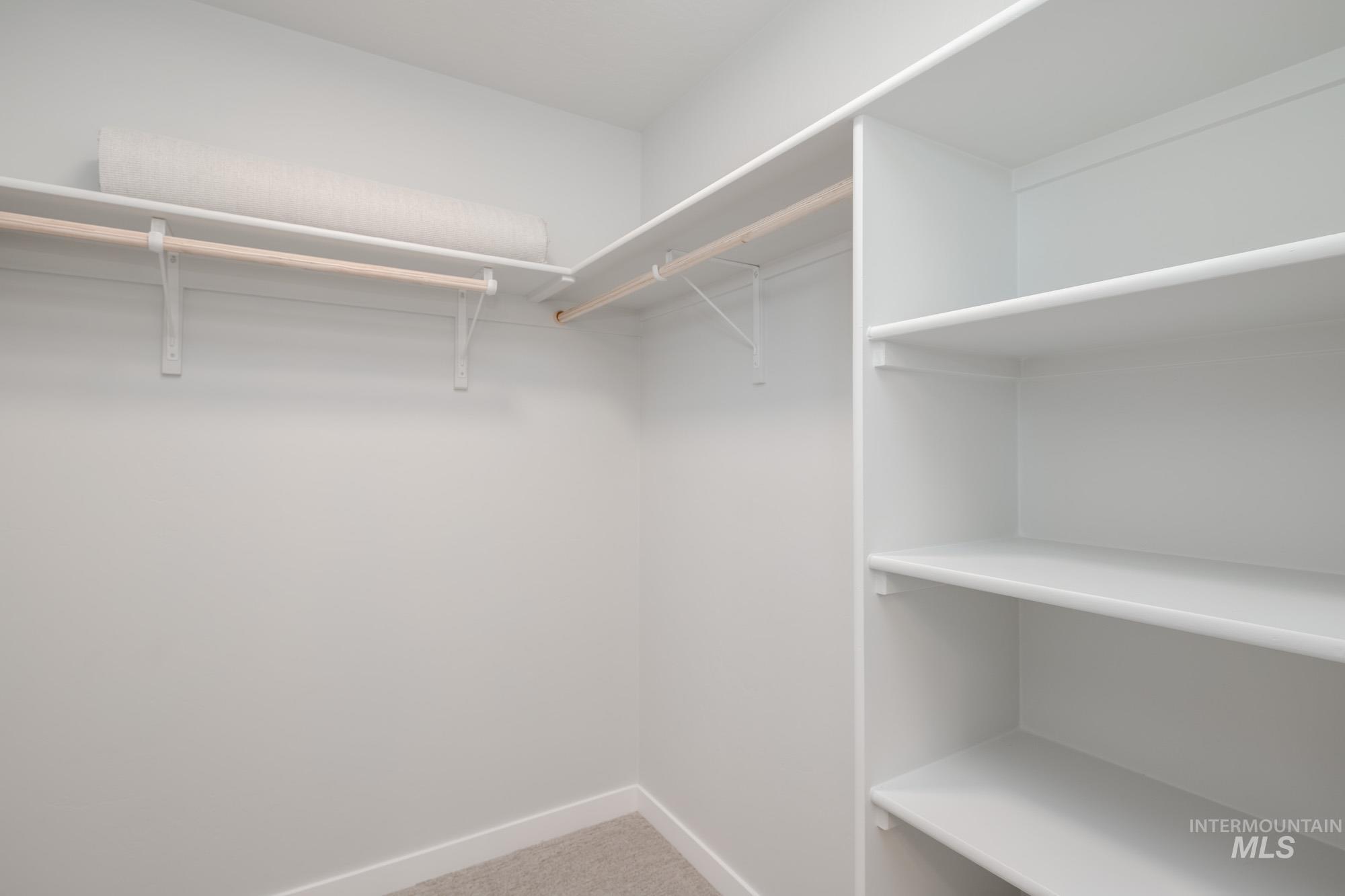 Spacious closet with light carpet