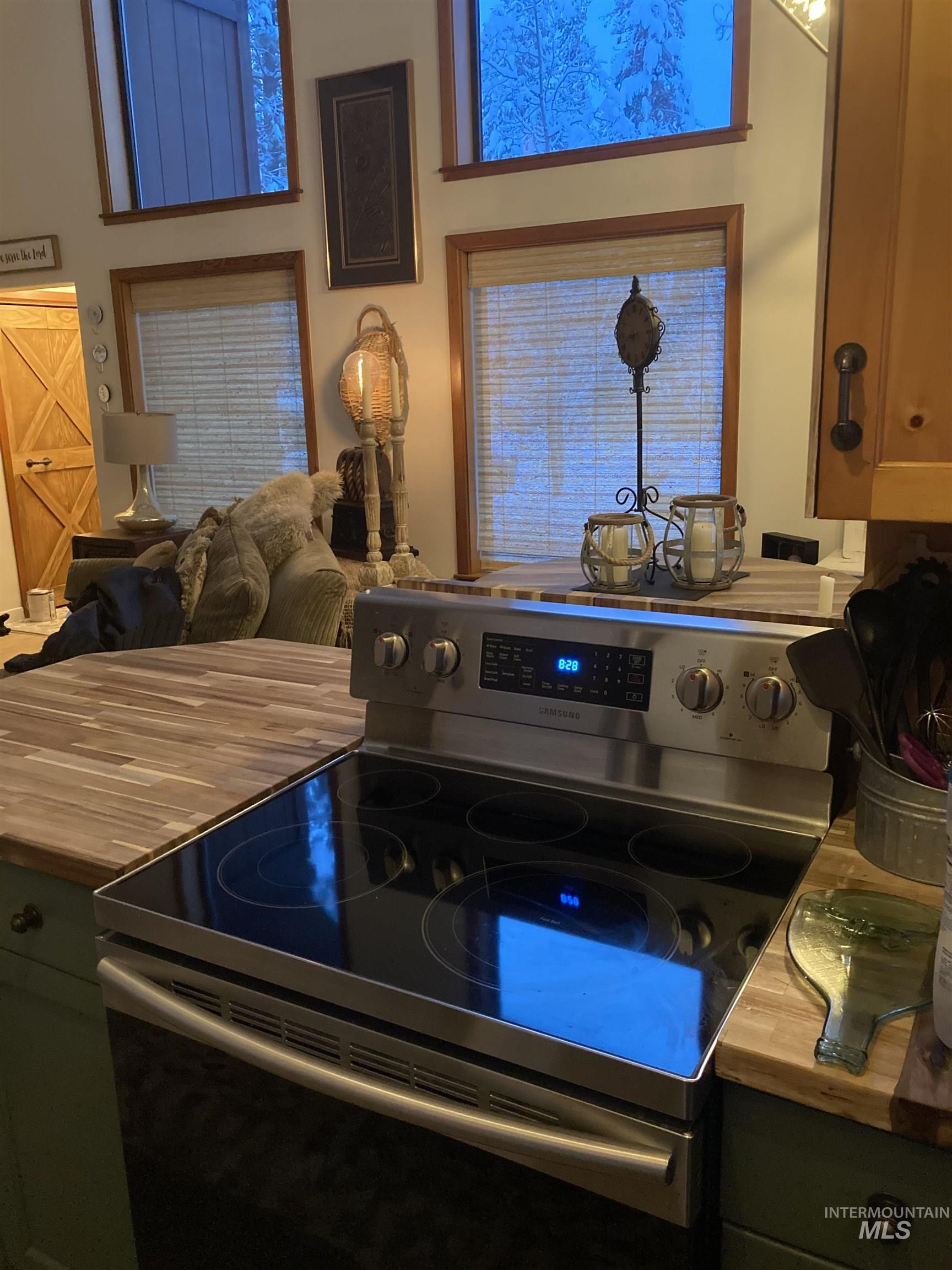 Kitchen view of electric stove, green cabinets, and butcher block counters