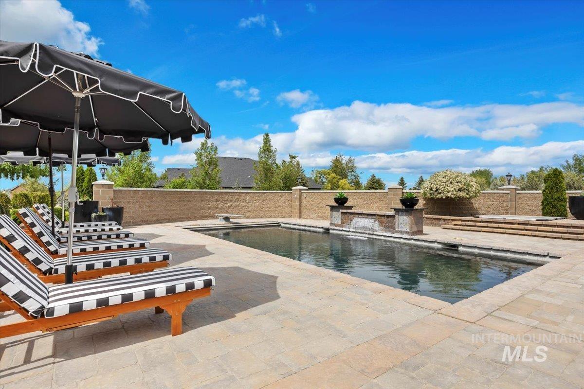 View of pool featuring a patio and a diving board