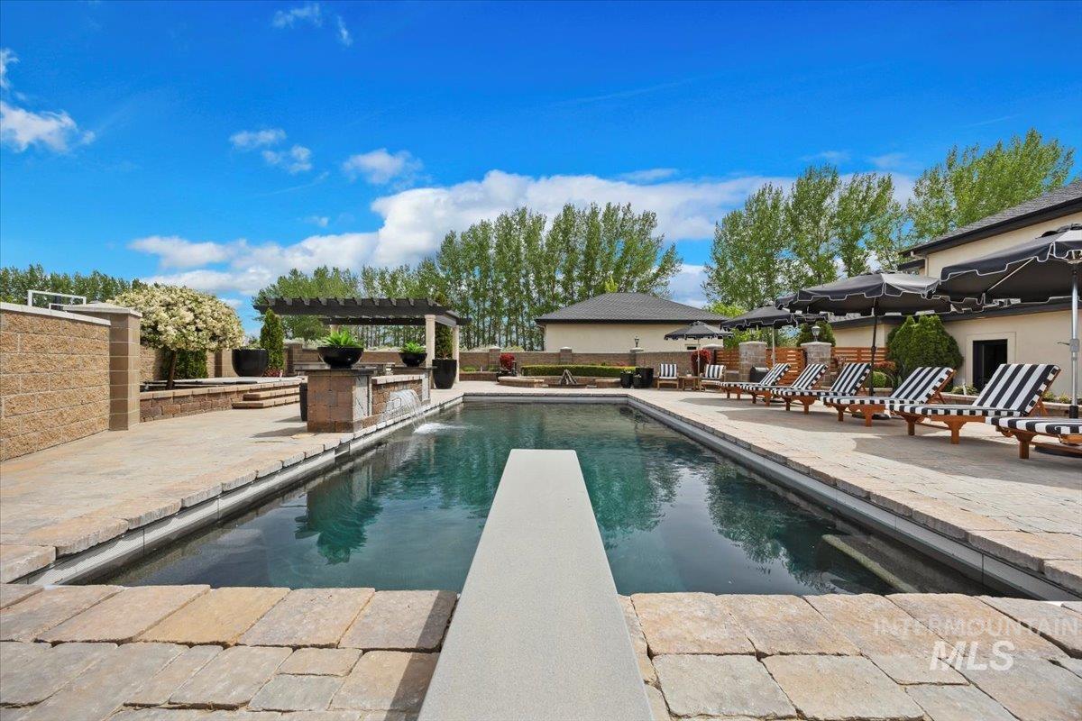 View of swimming pool featuring a pergola, a patio area, a diving board, and exterior kitchen