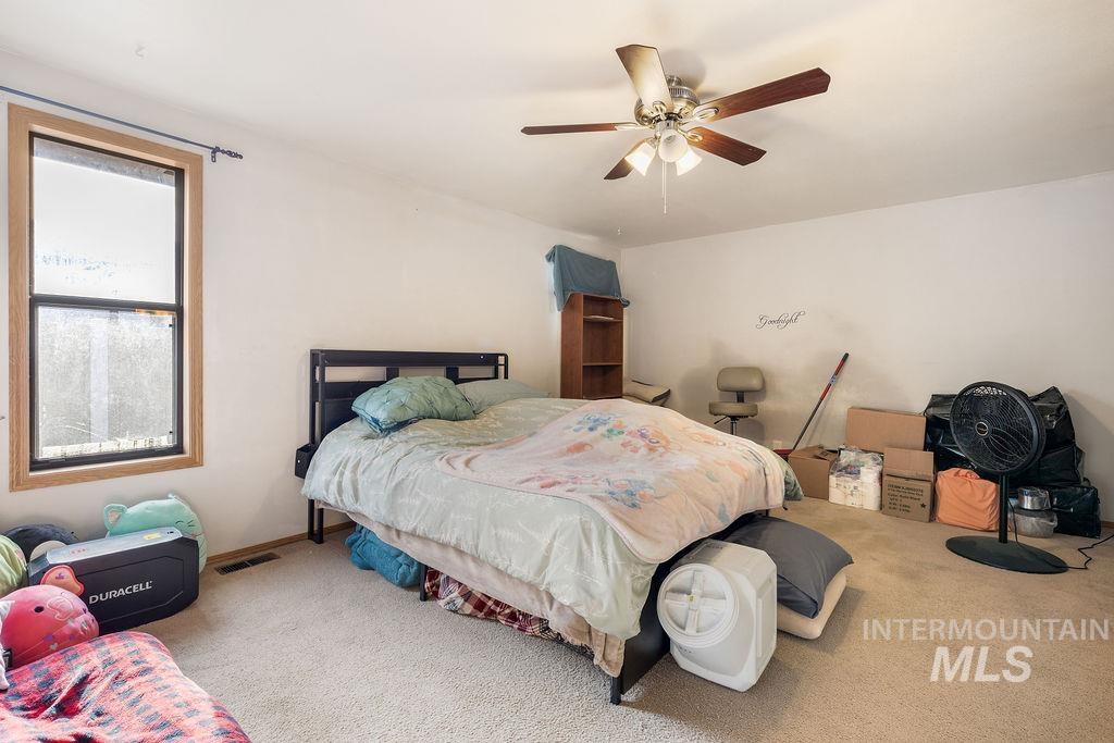 Carpeted bedroom with a ceiling fan