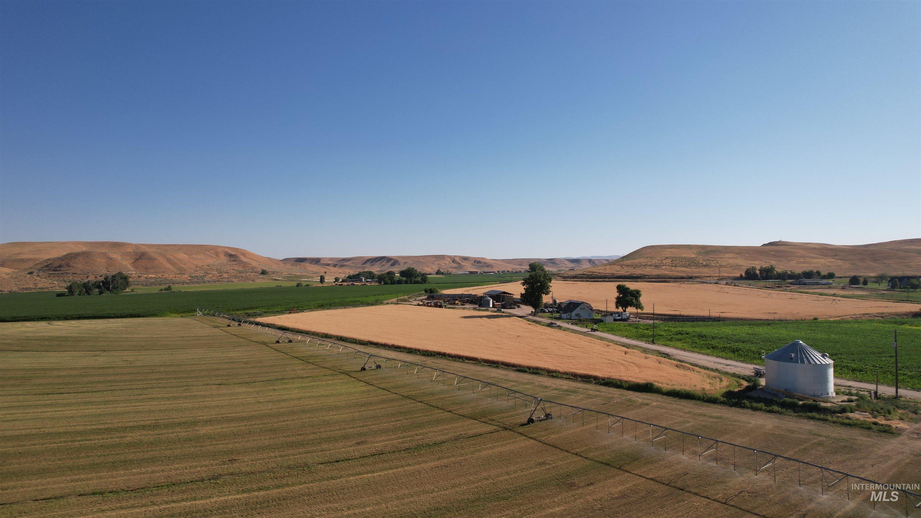 View of mountain backdrop with rural landscape and rows of crops