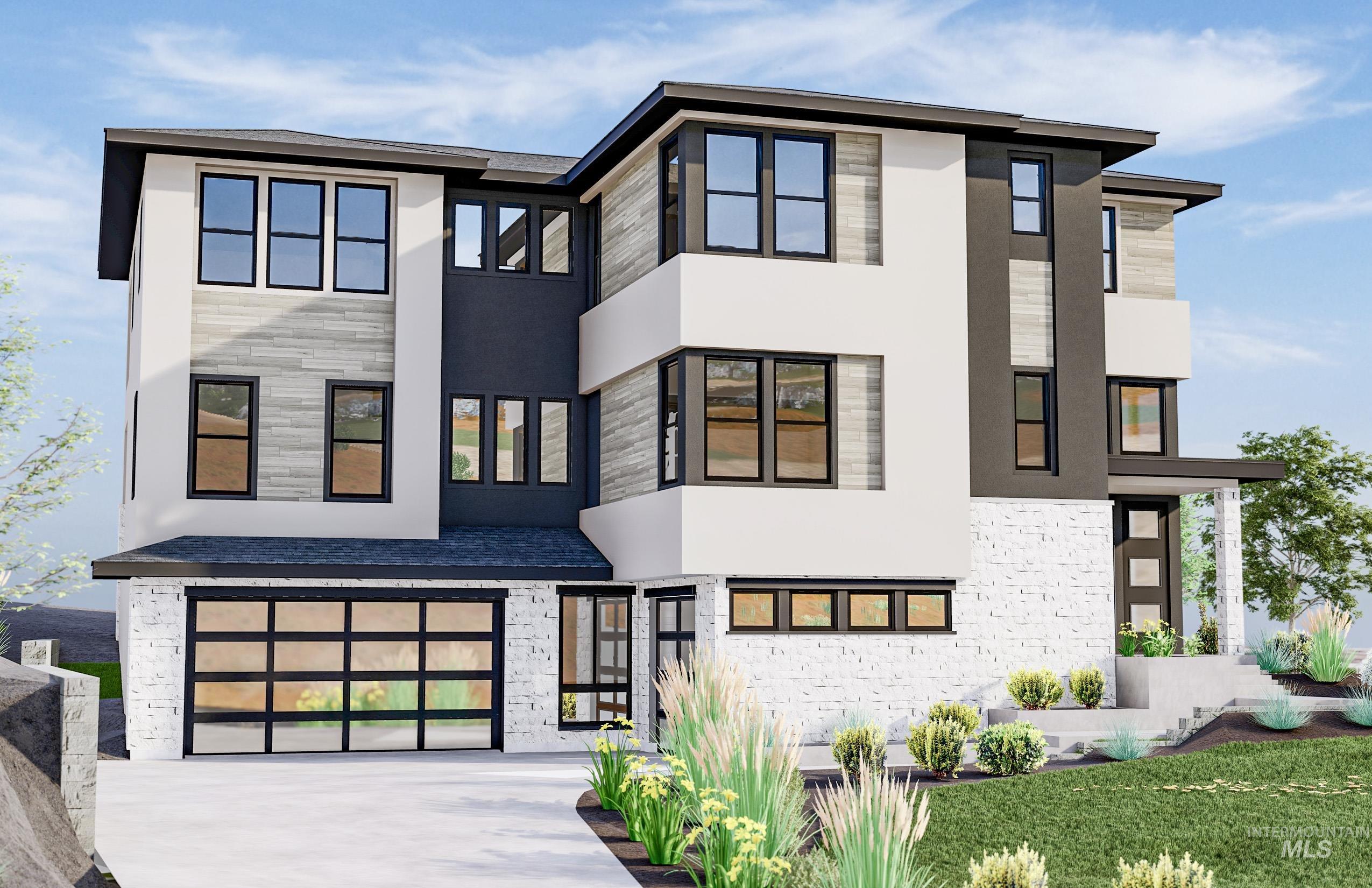 Modern home featuring stone siding, stucco siding, driveway, and a garage