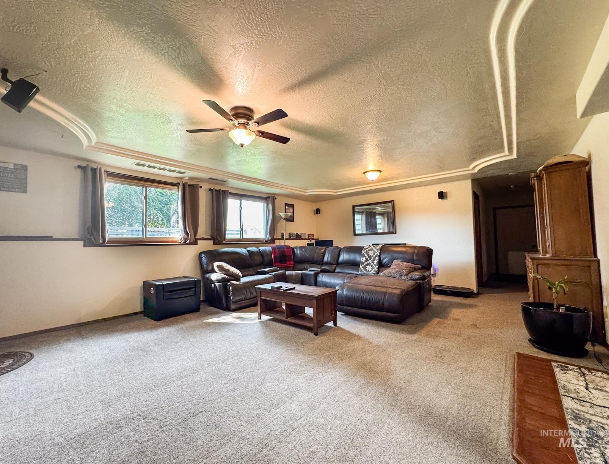 Living area featuring a textured ceiling, light carpet, and a ceiling fan