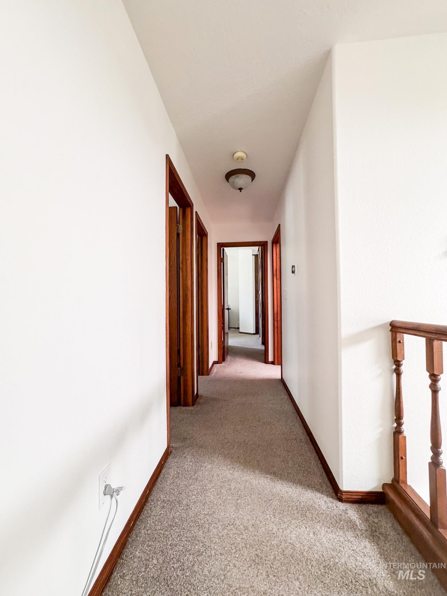 Corridor with light carpet and baseboards