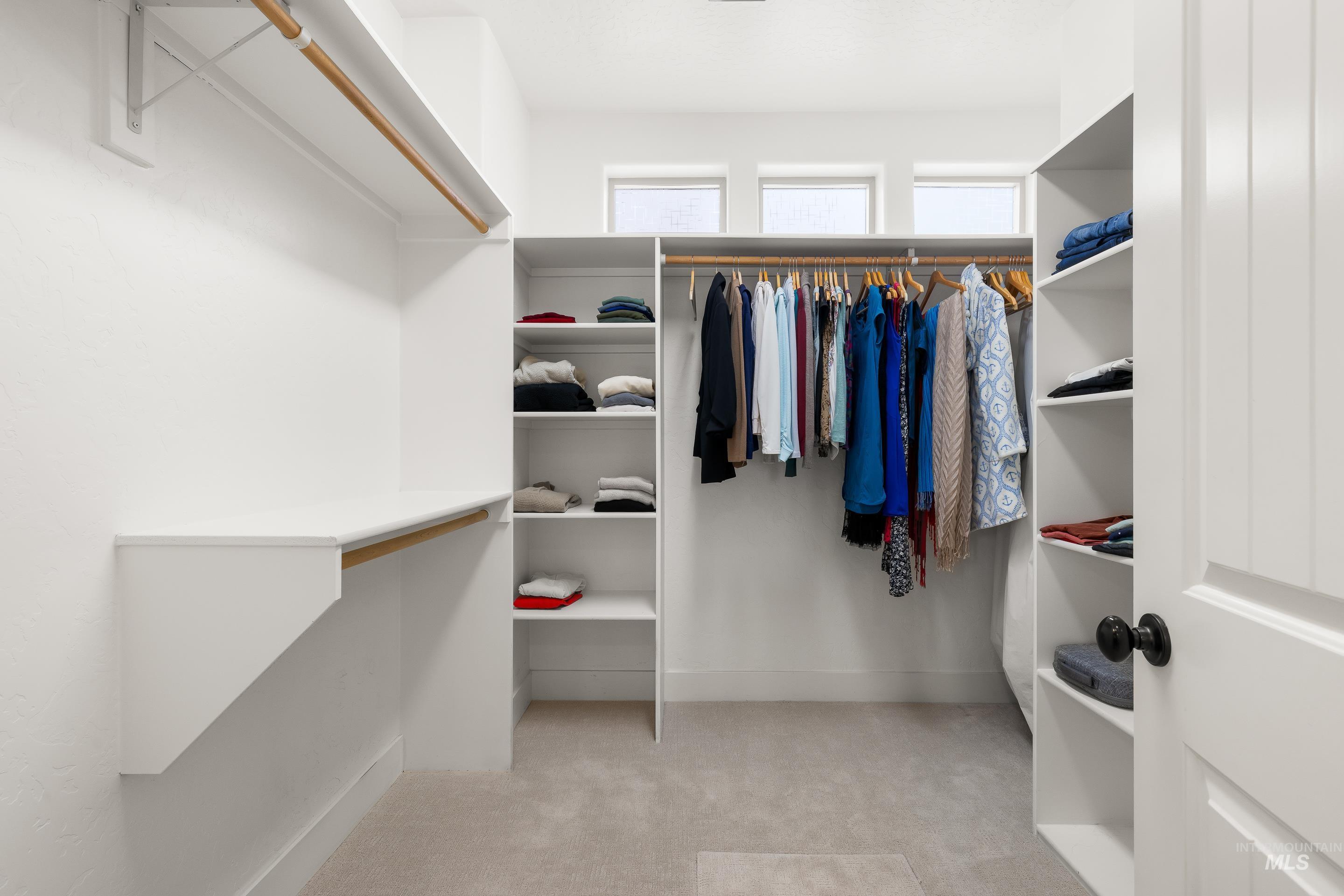 Spacious closet featuring light carpet