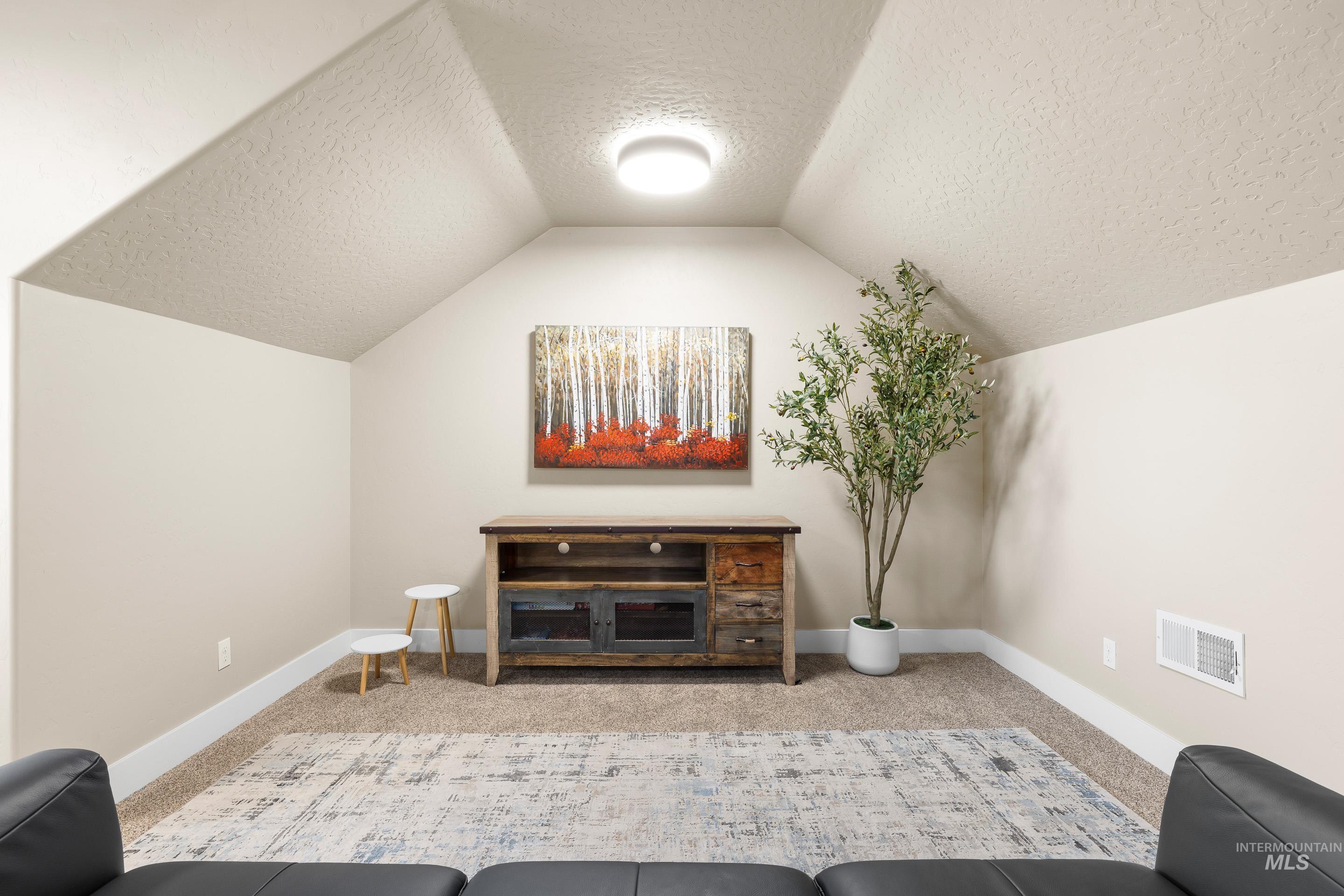 Sitting room with a textured ceiling, carpet floors, and vaulted ceiling