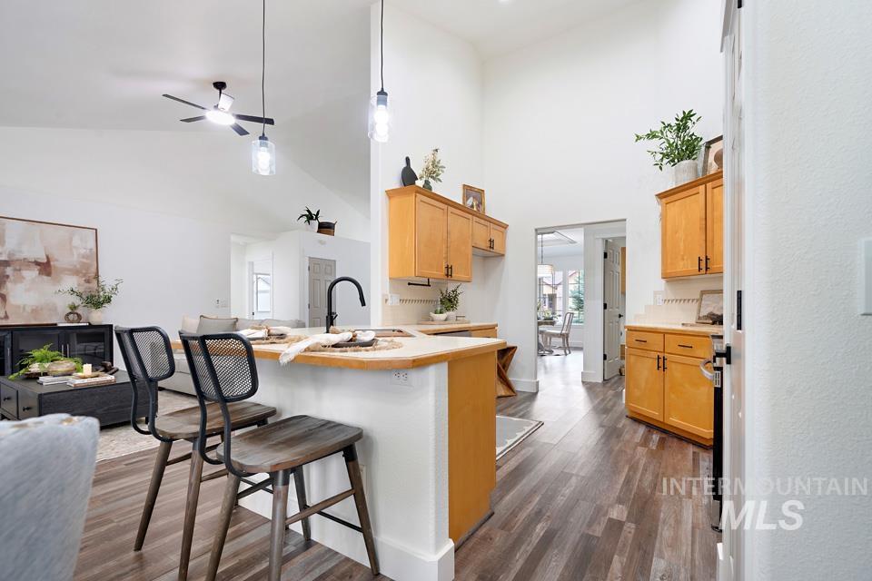 Kitchen with a kitchen breakfast bar, a peninsula, light countertops, dark wood-type flooring, and a ceiling fan