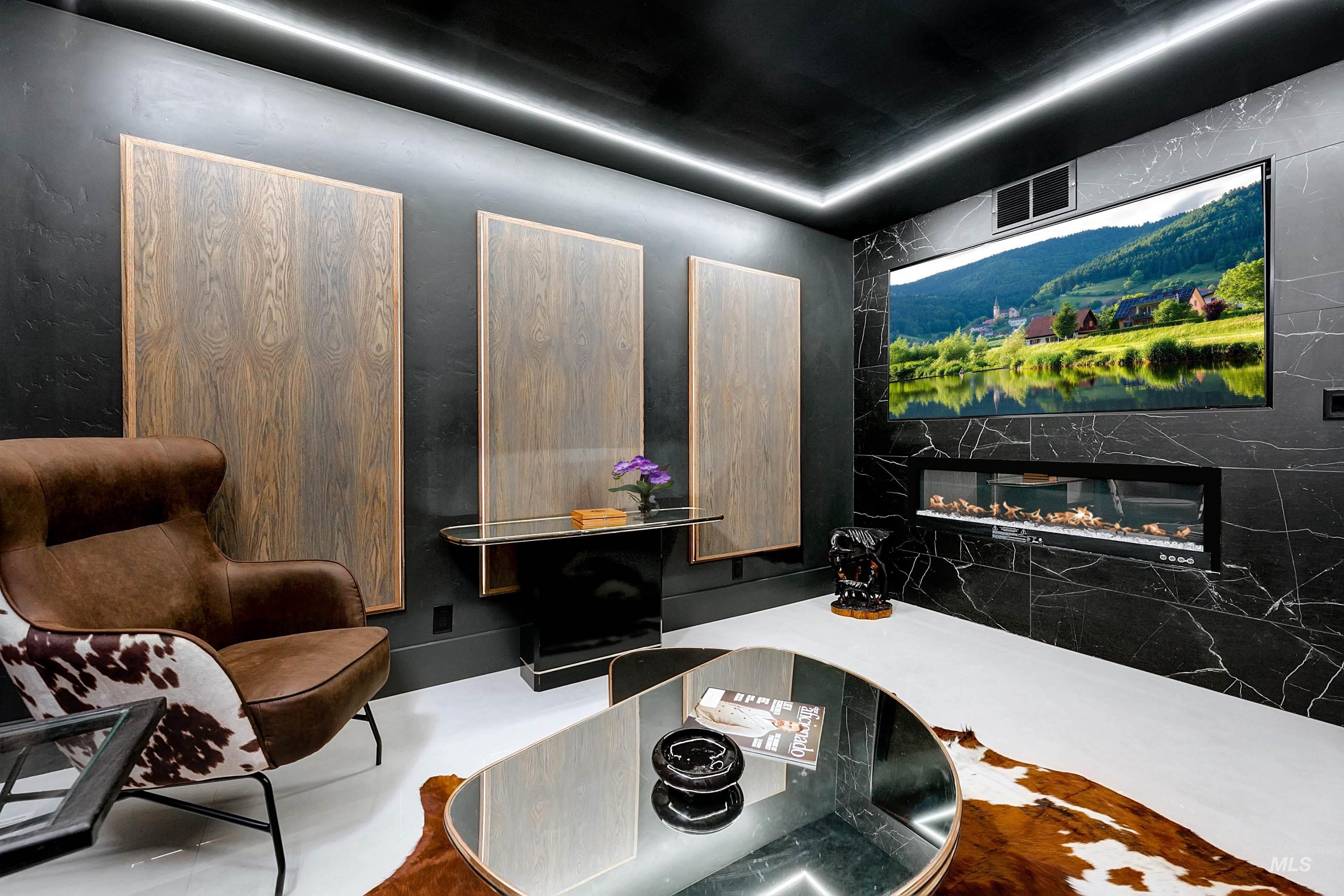 Private speakeasy with built-in fireplace.