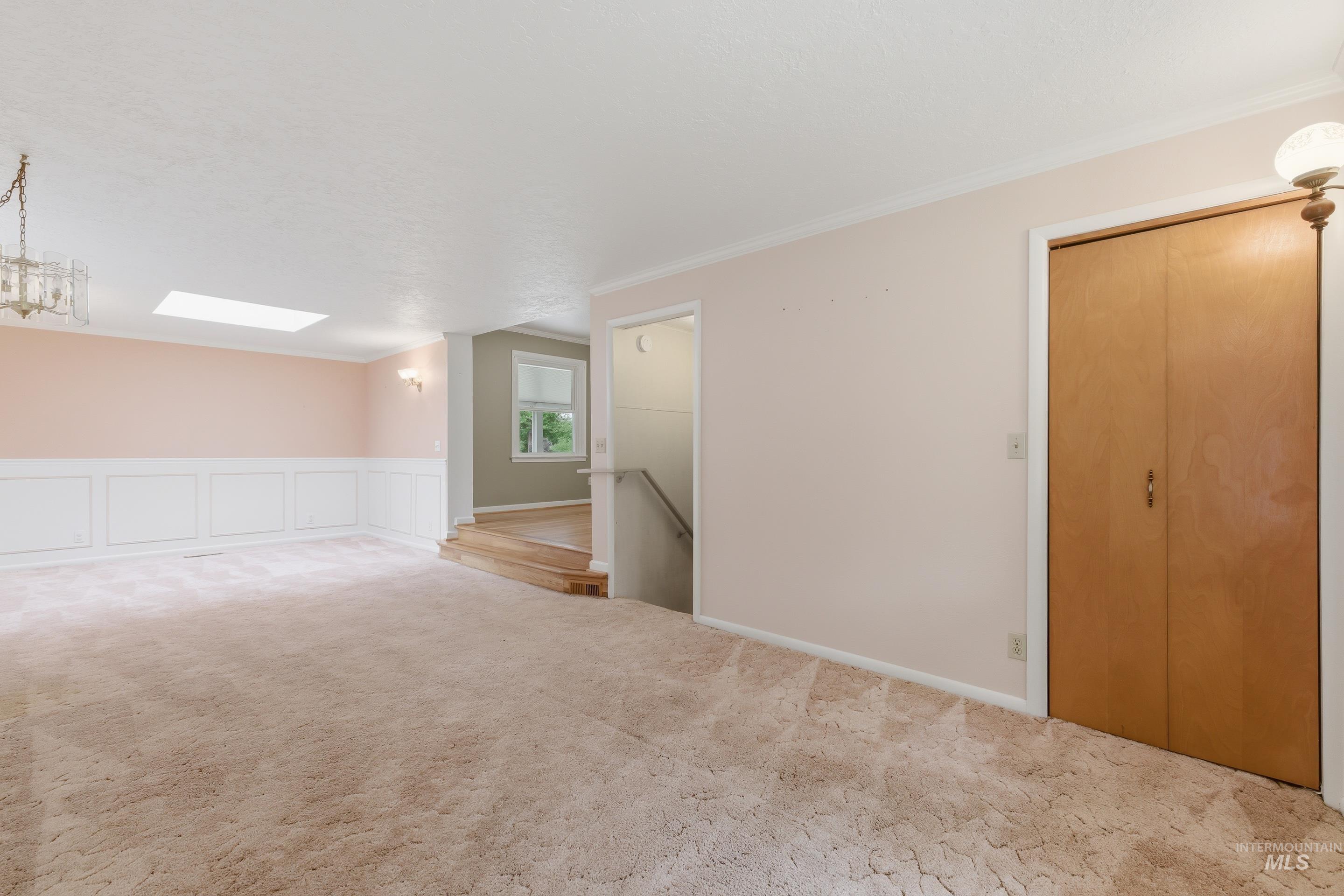 Carpeted interior space featuring a partial wainscoting wall, a ceiling-mounted skylight, and a decorative chandelier