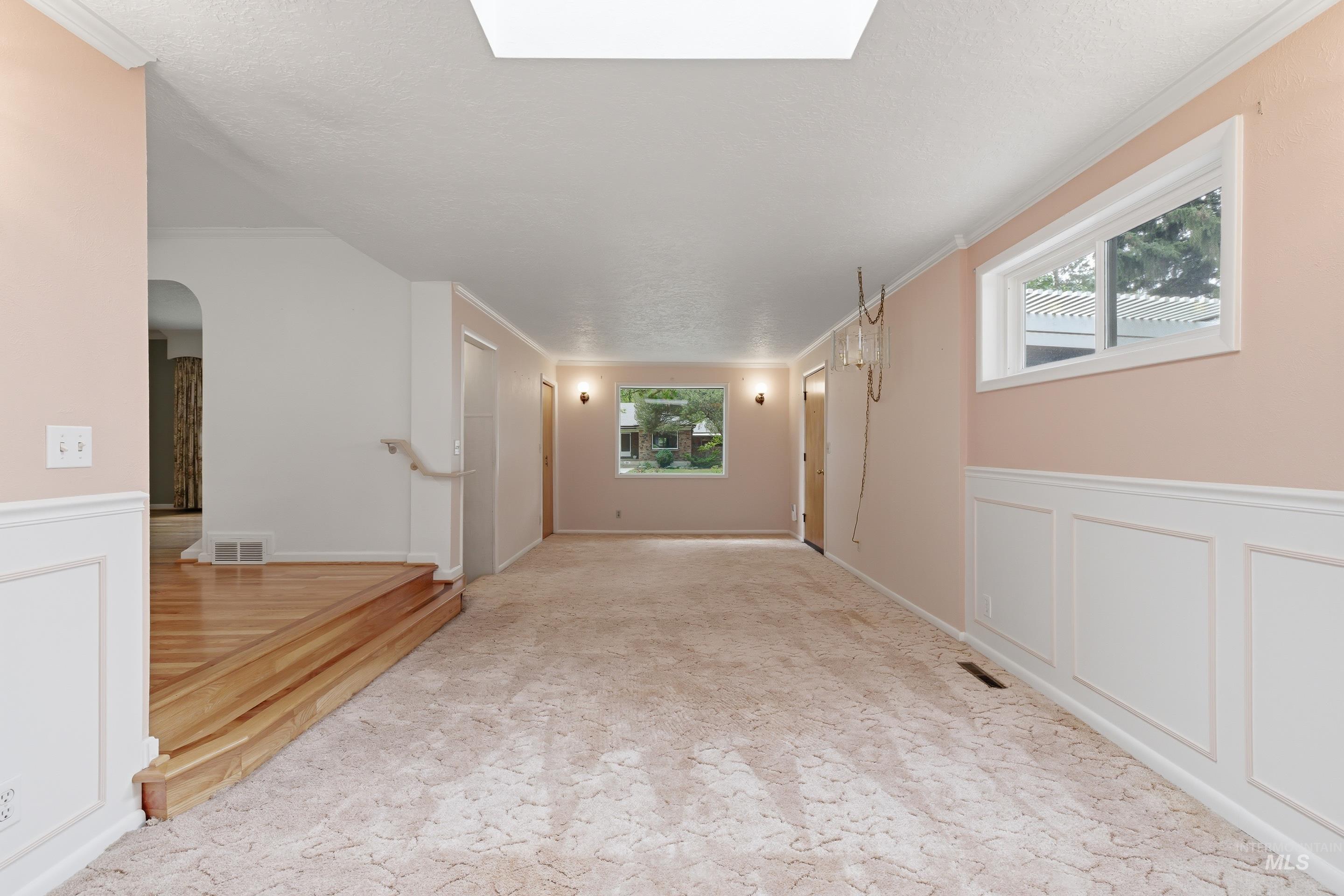 Spacious interior room featuring a skylight, light-toned carpeting, and white wainscoting