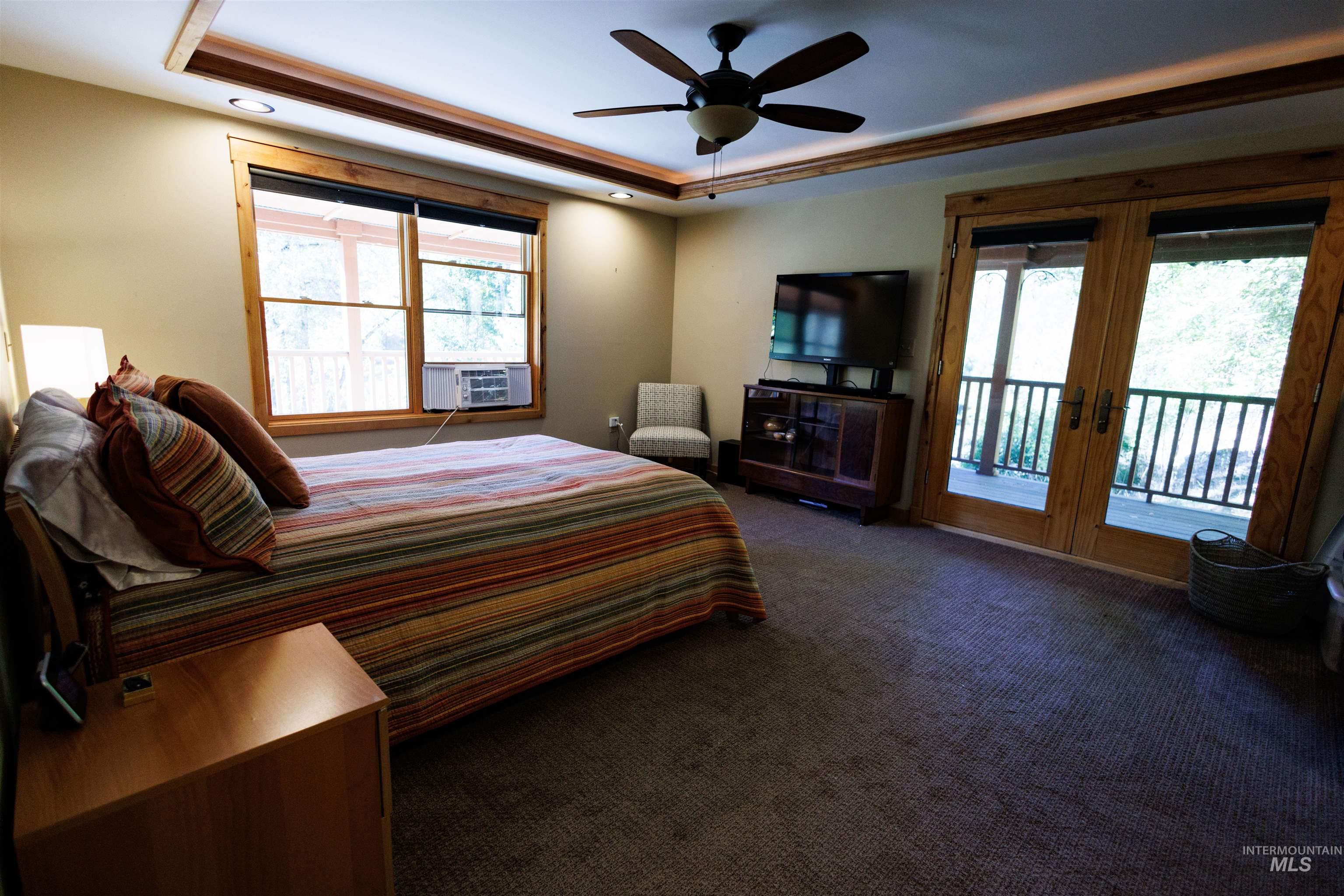 Bedroom featuring a tray ceiling, multiple windows, carpet, and access to outside