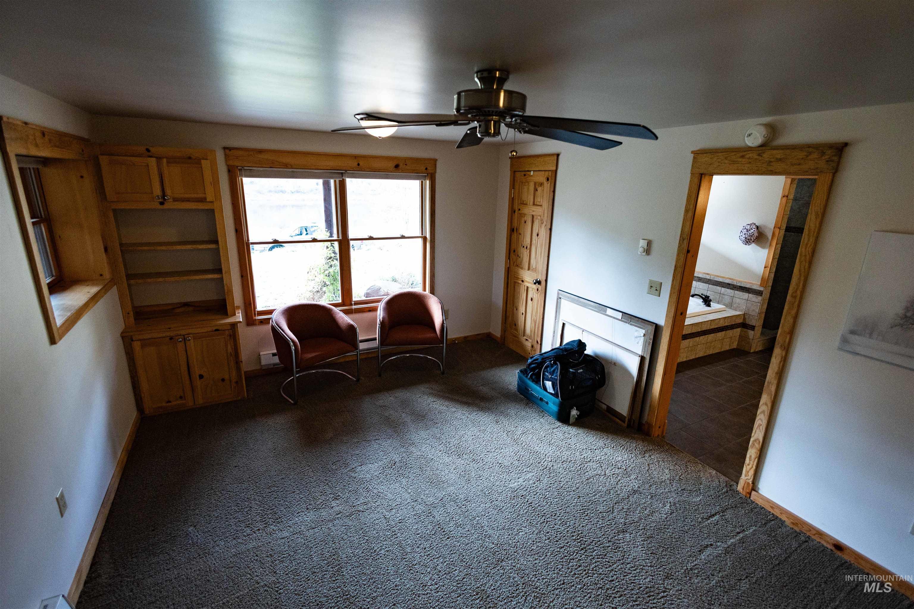 Living area featuring carpet flooring and a ceiling fan