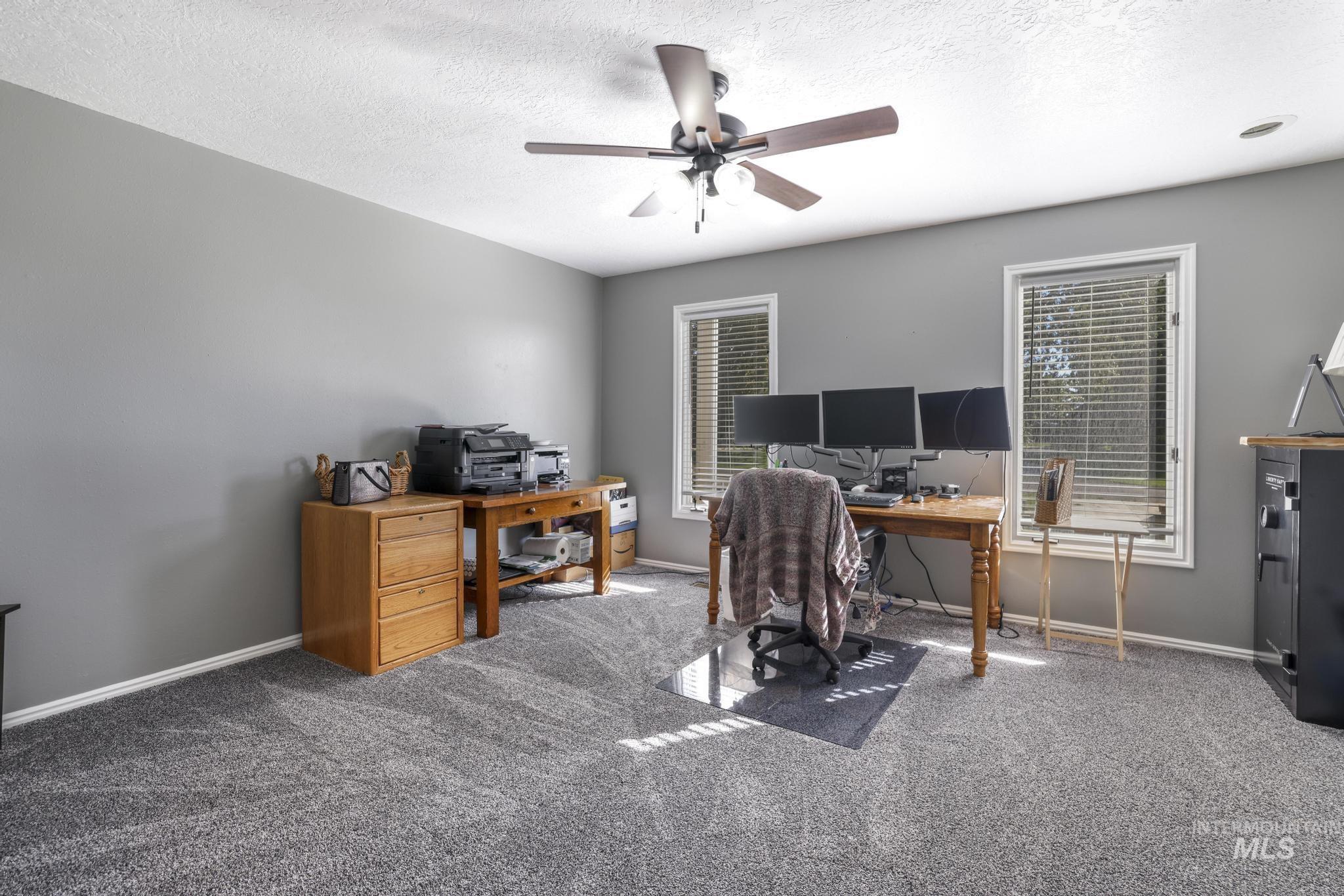 Carpeted office featuring ceiling fan, healthy amount of natural light, and a textured ceiling