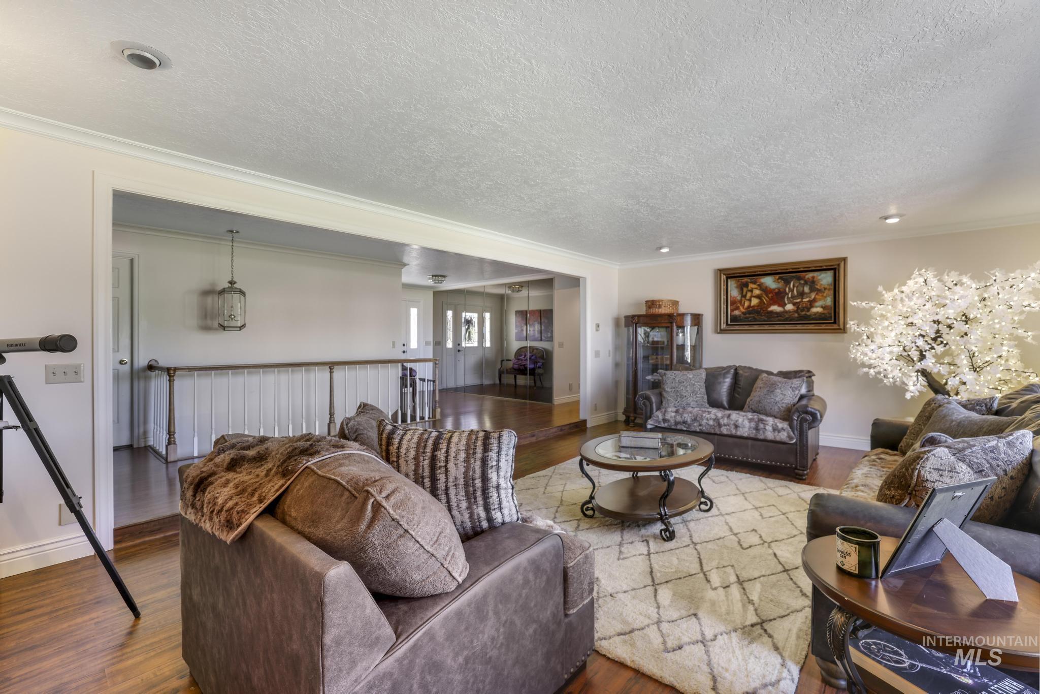 Living room featuring crown molding, wood finished floors, and a textured ceiling