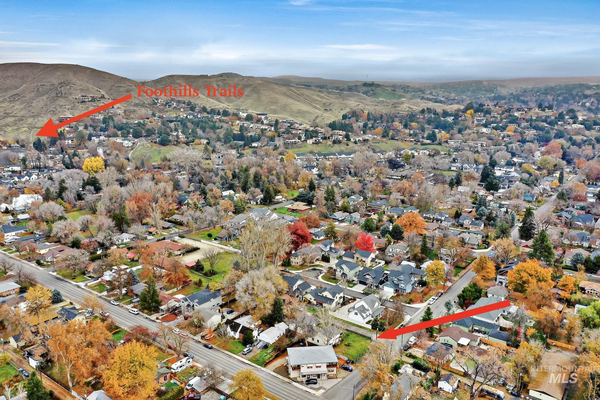 Aerial view of property location showing showing access to foothills trails in the upper left corner.