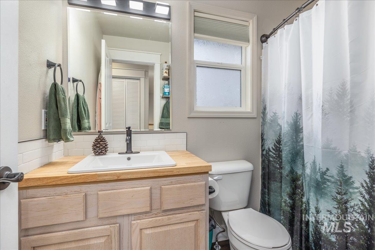 Bathroom featuring vanity, a shower with curtain, and decorative backsplash