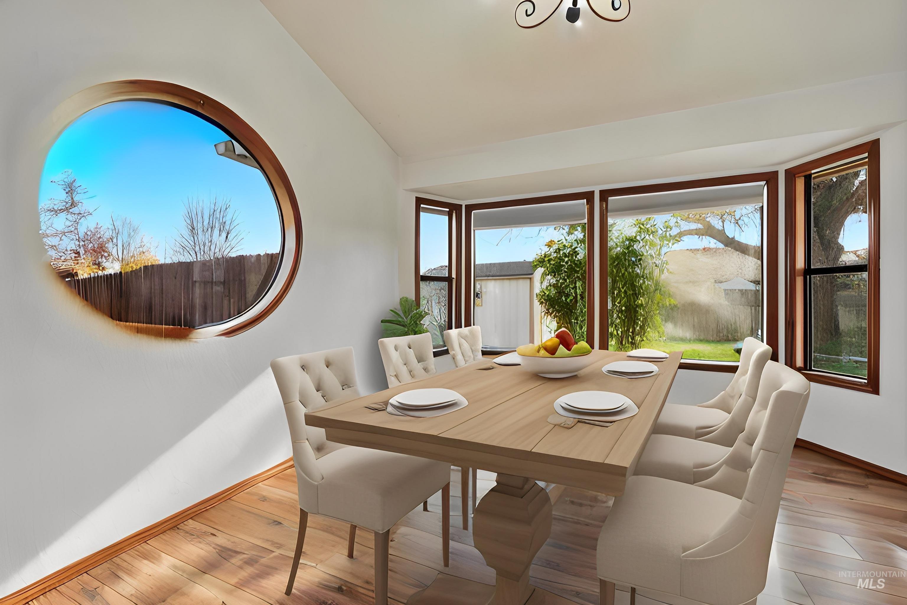 Dining room featuring light wood-type flooring and vaulted ceiling