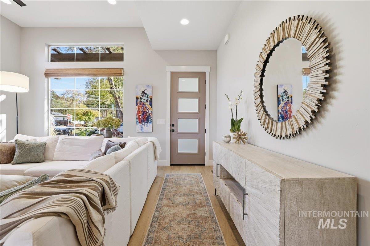 Foyer entrance featuring light wood-type flooring and recessed lighting