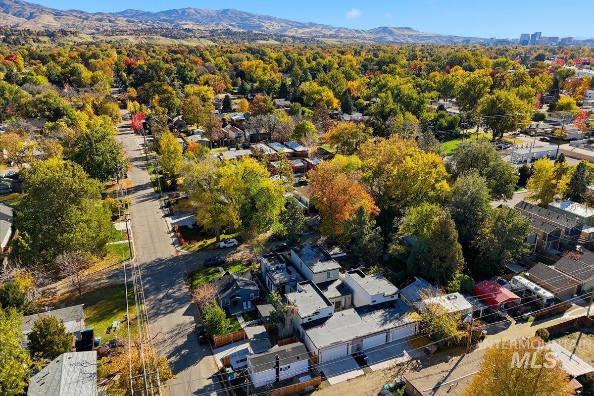 Aerial perspective of suburban area featuring a mountainous background