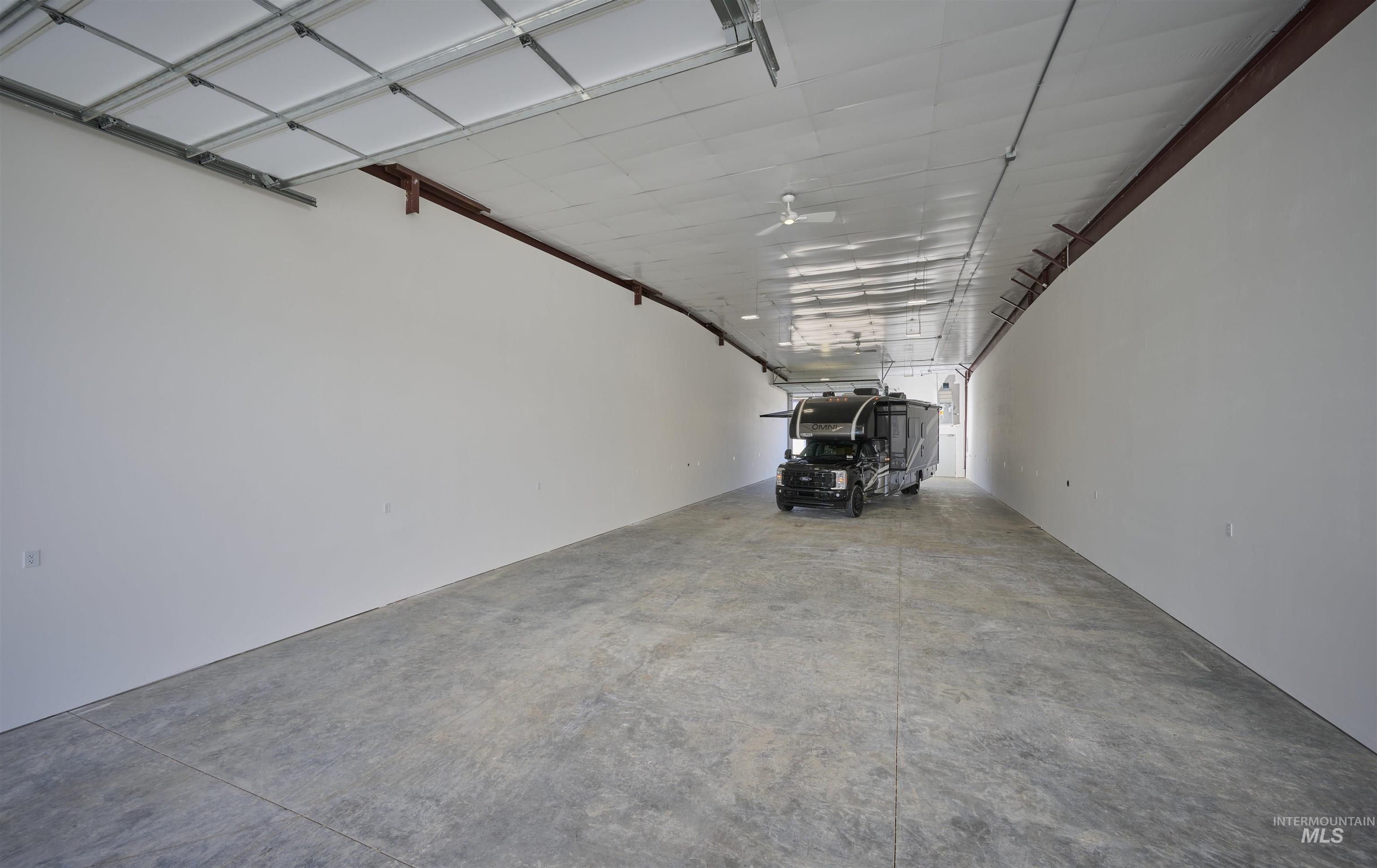 Garage with a ceiling fan